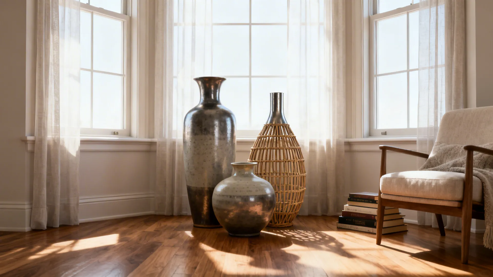 Bay window reading nook anchored by a trio of floor vases of varying heights and materials.