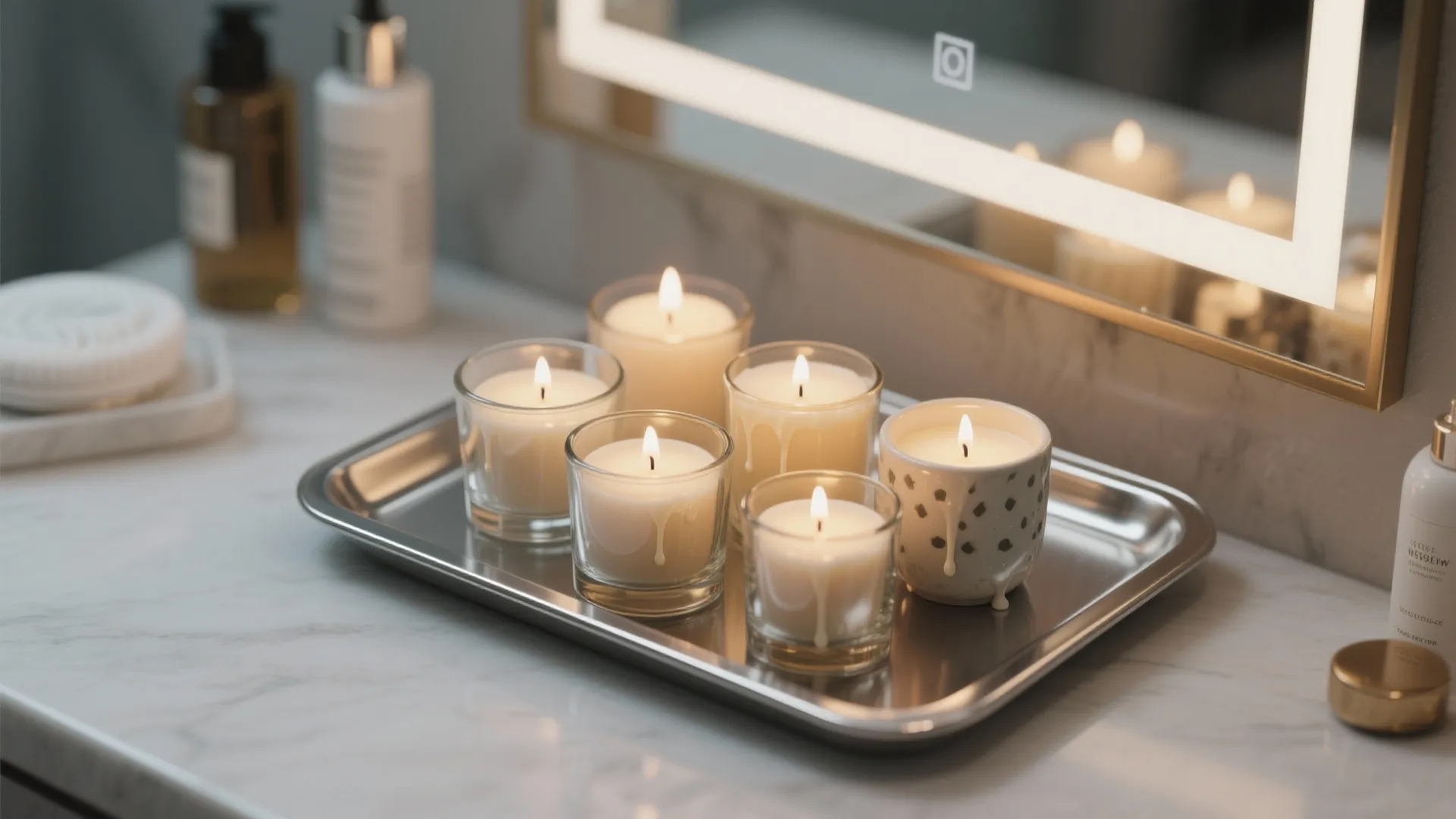 Six burning white candles on a silver metal tray placed on a white marble bathroom counter