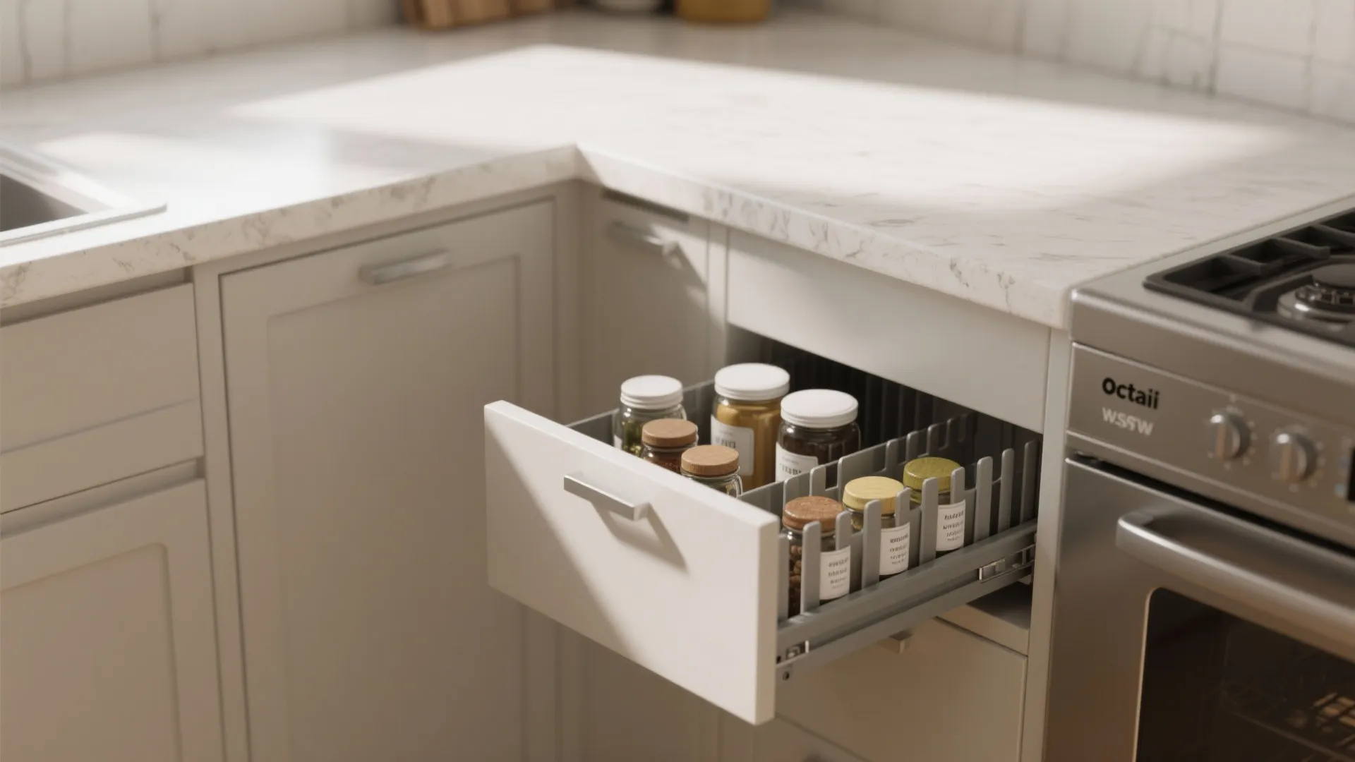 Open kitchen cabinet drawer with spice bottle organizers under white marble countertop near the stove