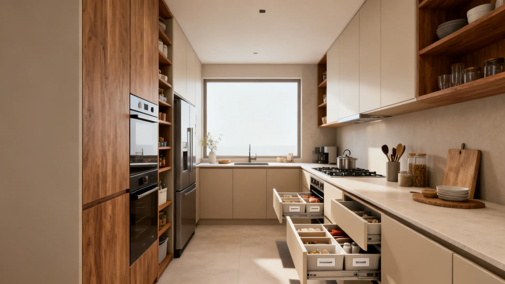 Neat compact kitchen with hidden organizers and appliances grouped to one side.