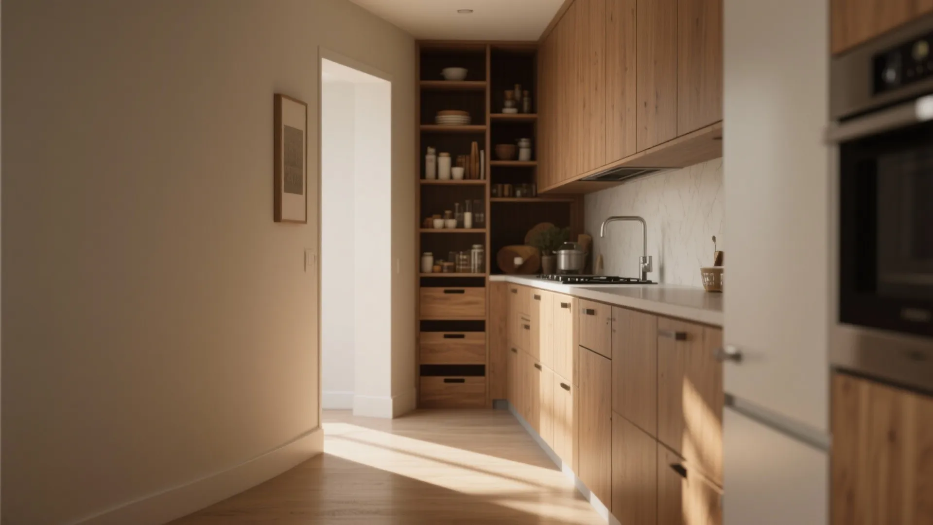 Modern kitchen with wooden cabinets and tall storage shelves filled with jars for organized home