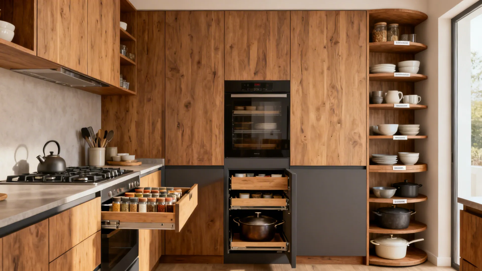 Organized compact kitchen with closed cabinets, open shelves, spice drawers, and pull-out pantry.