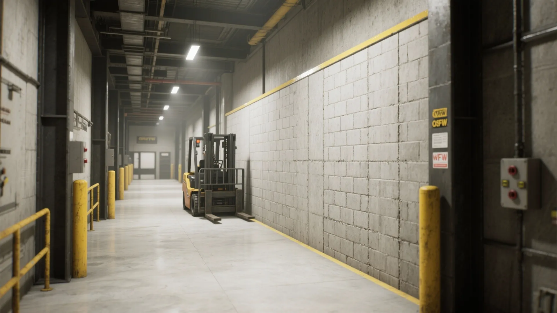 Industrial warehouse interior with a yellow forklift parked next to a grey brick wall panel