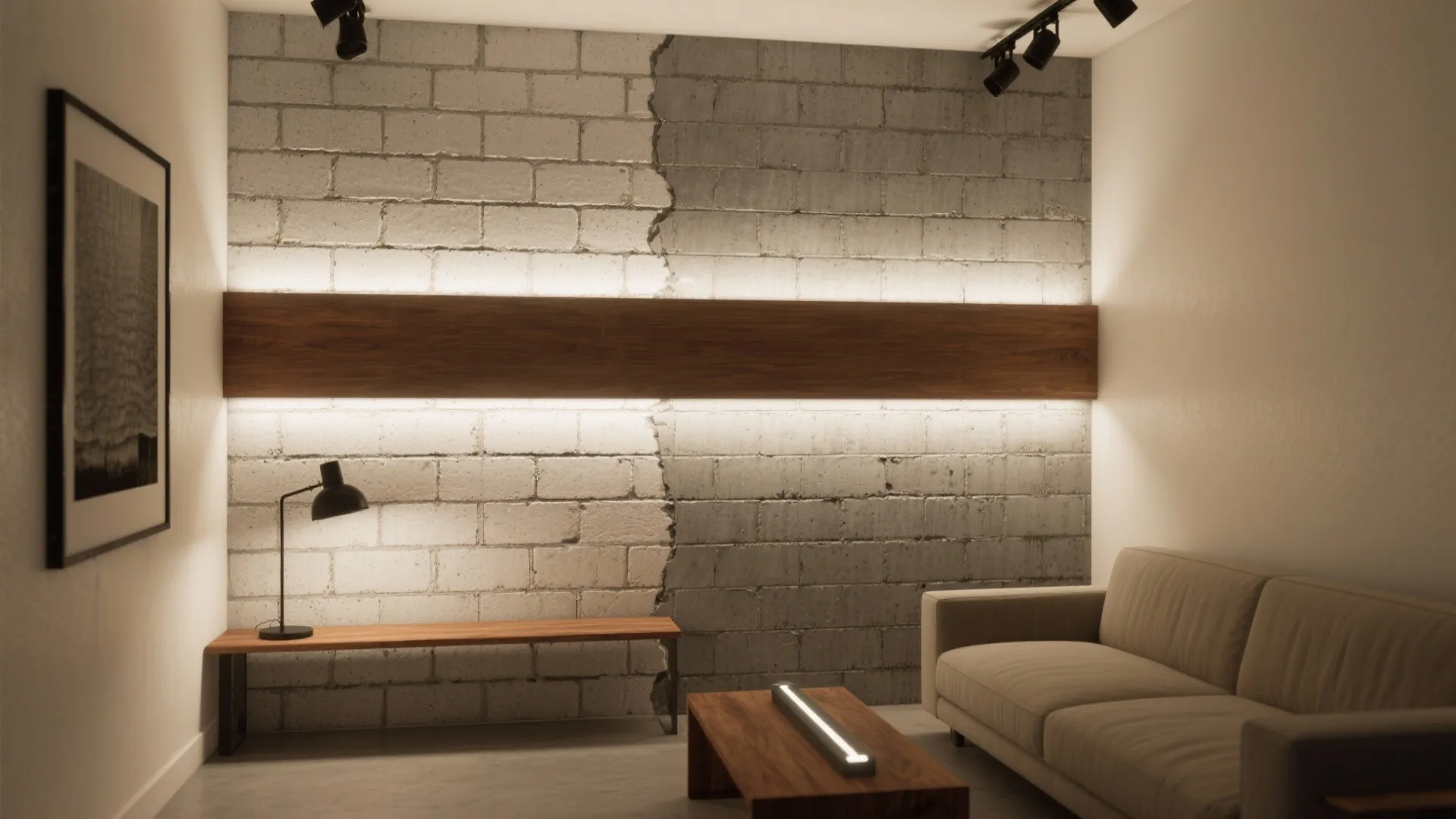 Textured CMU Accent Wall with Warm Wash Lighting