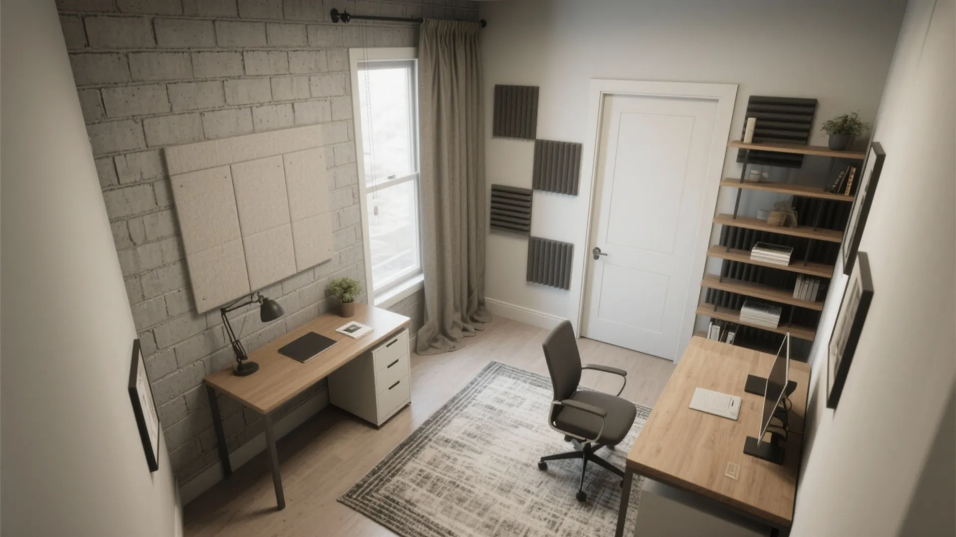 Modern home office with grey brick wall wooden desk black chair bookshelf and sound panels