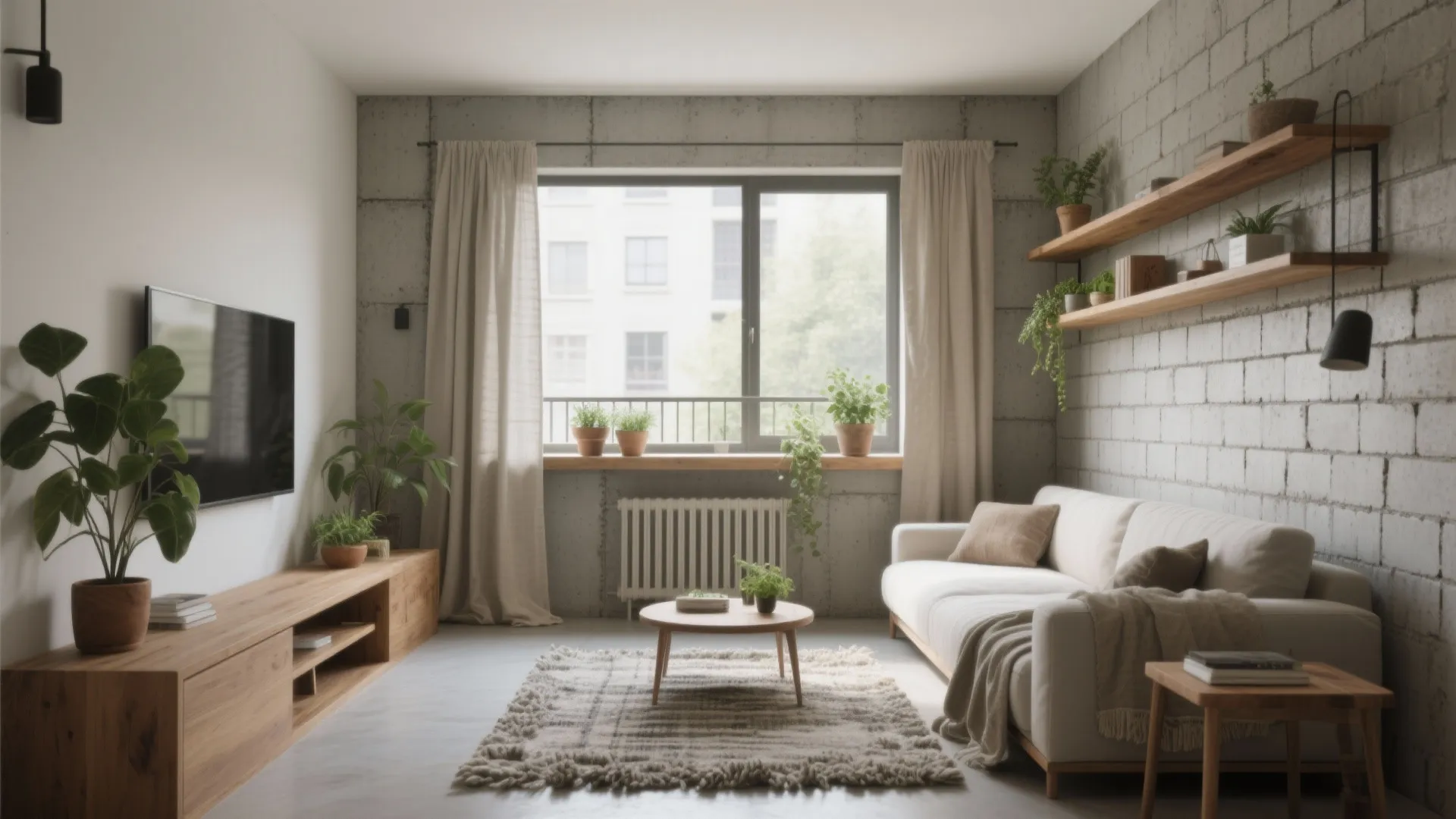 Living room with grey sofa wooden cabinet television large window curtains and various potted green plants