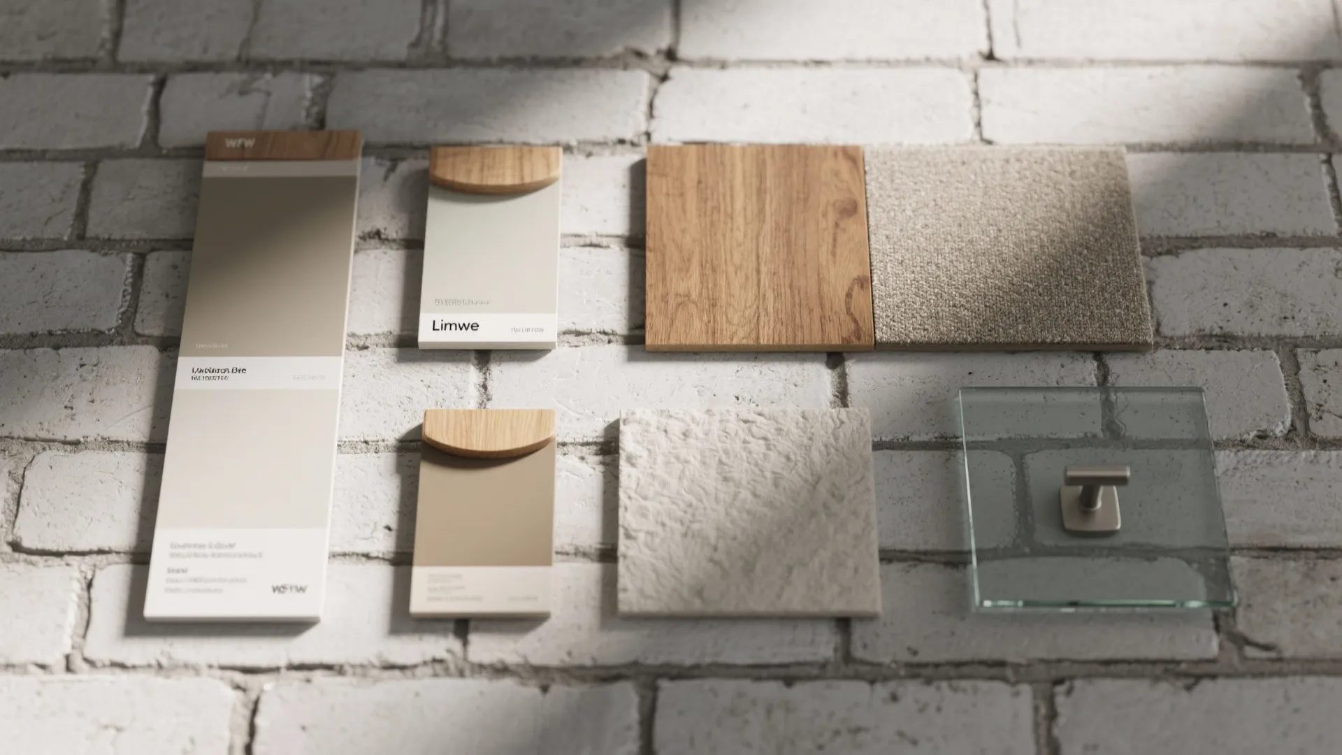 Interior design material samples including wood tiles fabric and glass on a white brick wall
