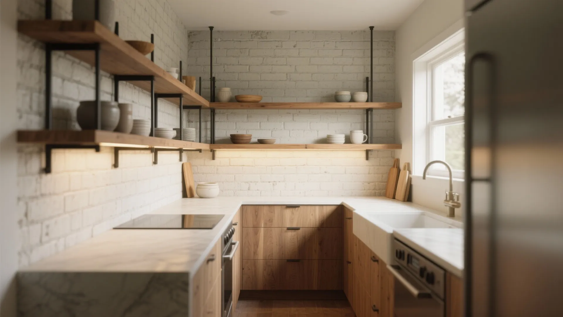 Modern kitchen with wood cabinets white brick wall wooden shelves ceramic bowls and a large window
