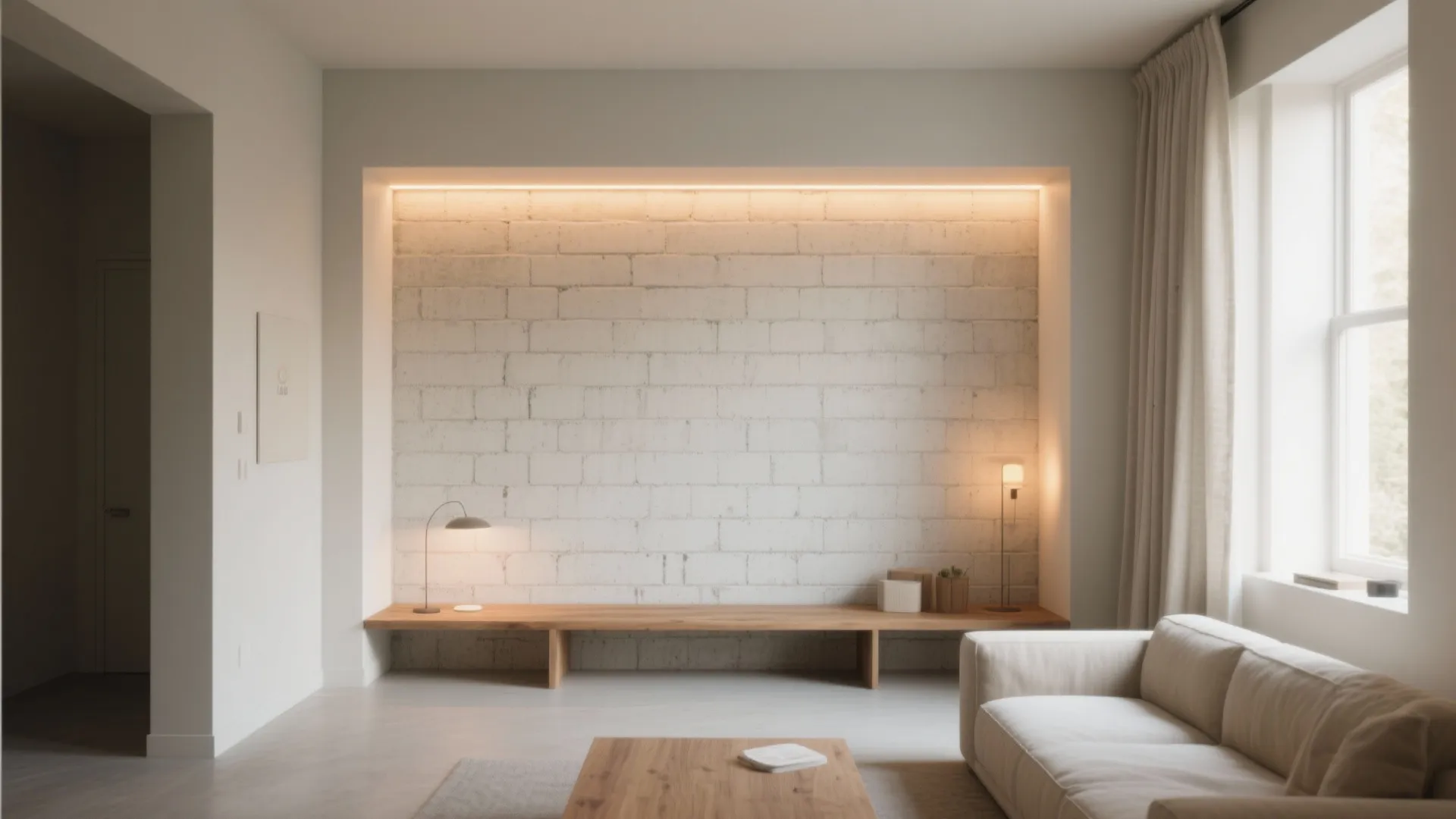 Minimalist interior design drawing showing white brick wall wooden bench small desk lamp and white sofa