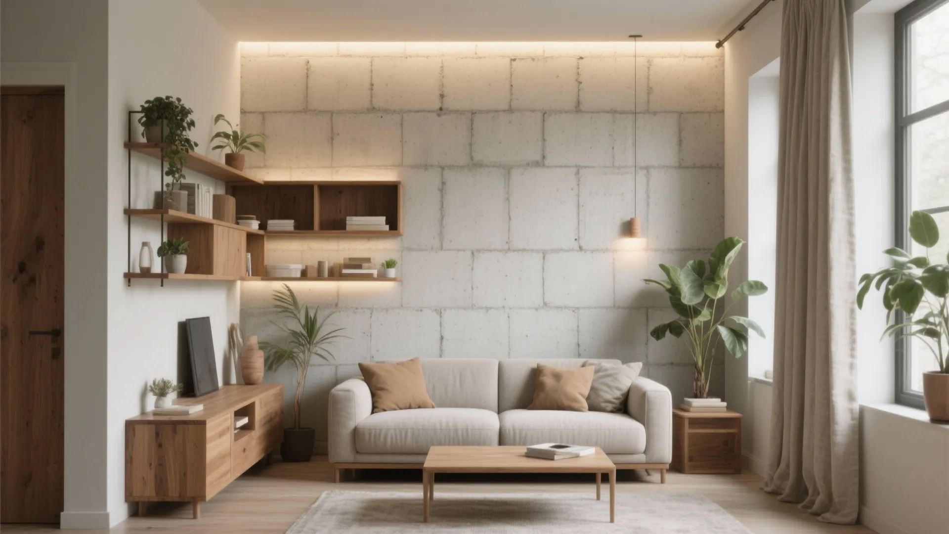 Modern living room with beige sofa wooden coffee table brick wall shelves and indoor green plants
