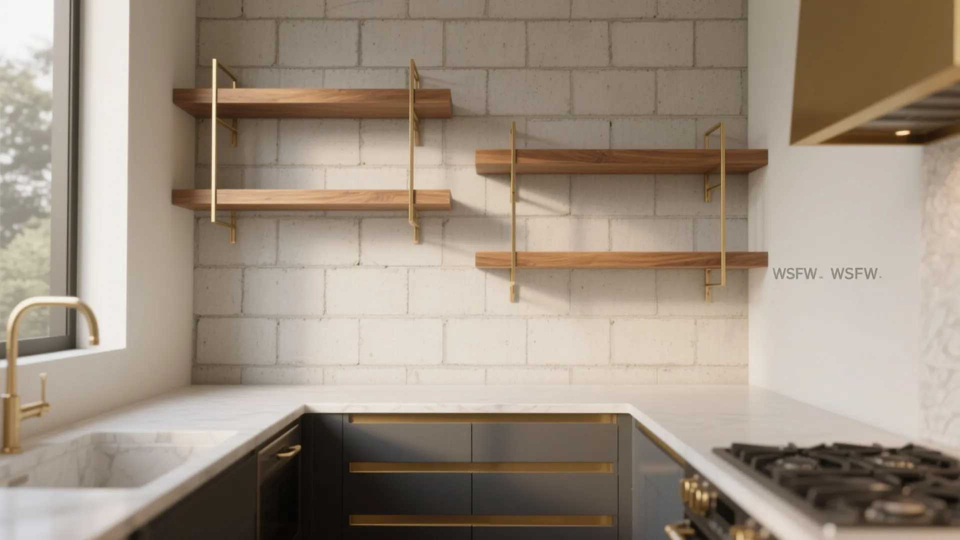 Kitchen interior with white brick wall wooden floating shelves gold faucet and dark grey cabinets