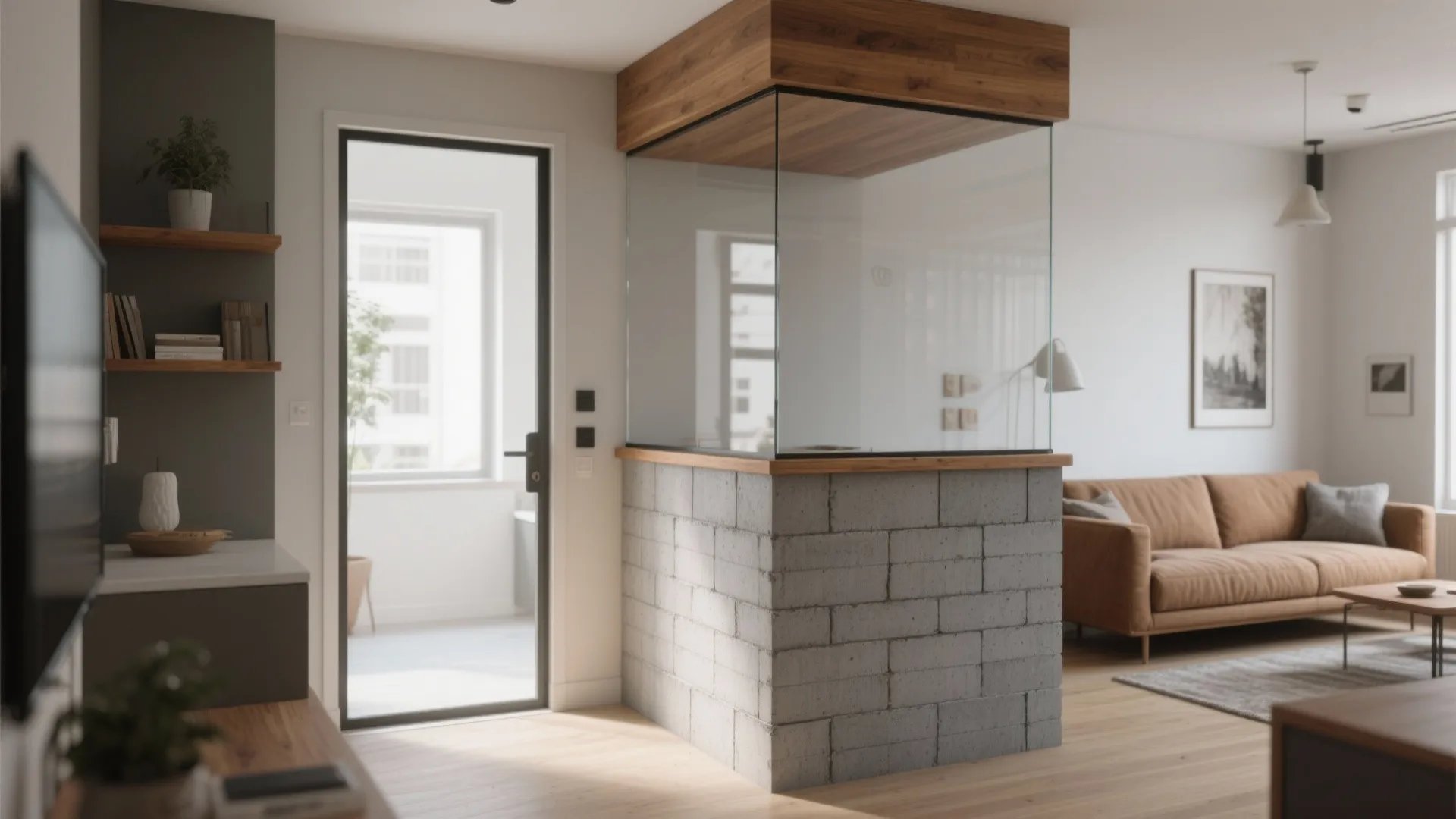 Interior room layout with concrete block partition glass top wooden frame and brown leather sofa