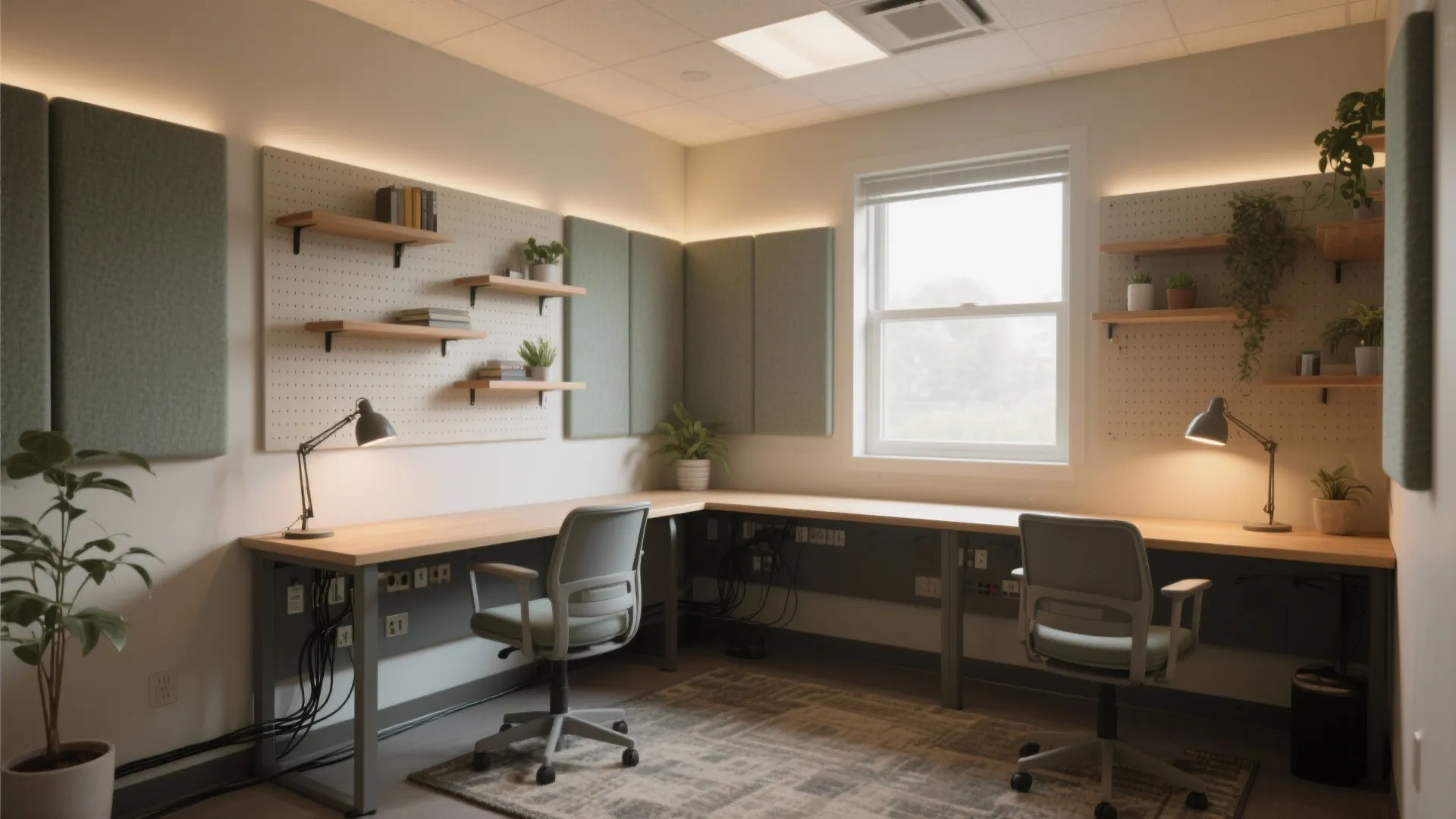 Modern home office with two chairs long desk wooden shelves green wall panels and window