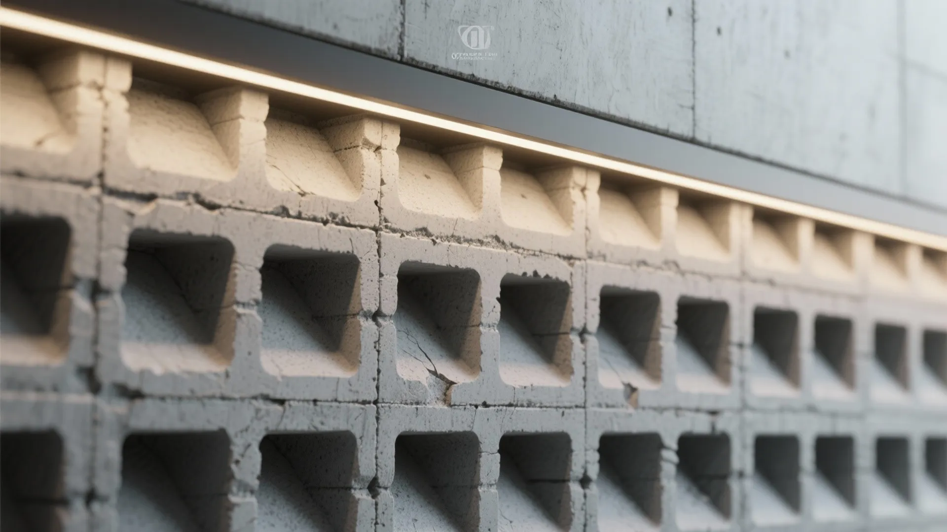 Close up view of grey concrete blocks with warm lighting installed on top wall surface