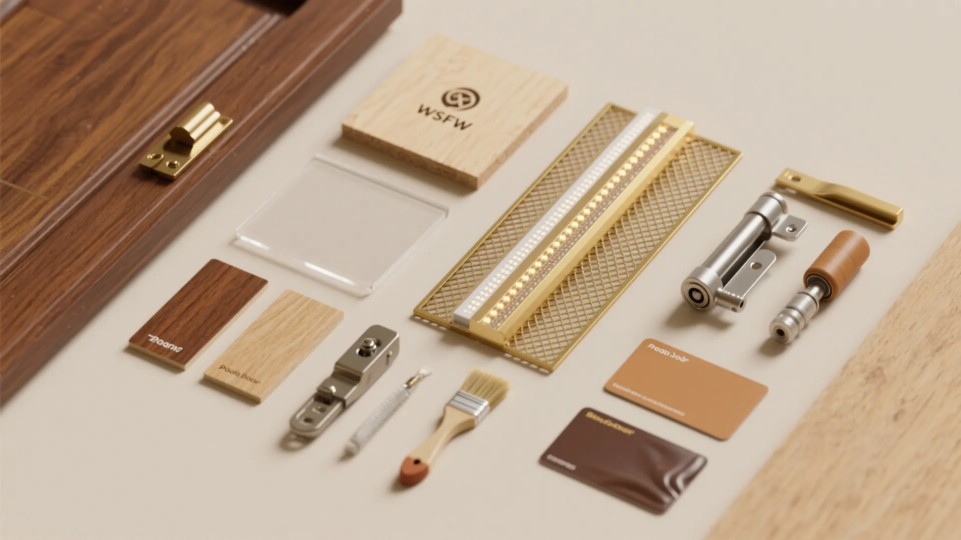 Collection of interior design materials including wood samples metal hinges light fixtures and small paint brush