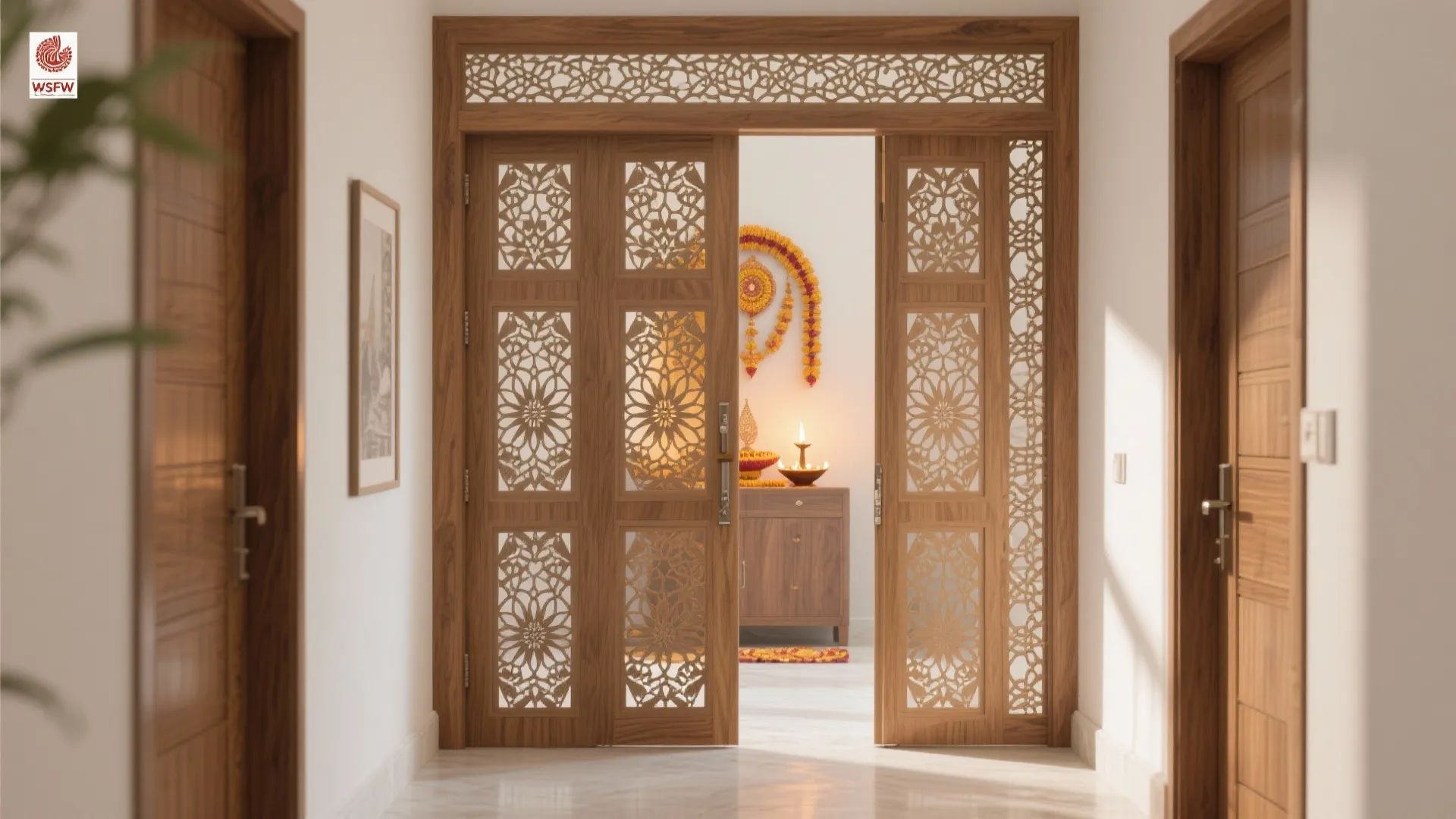 Bright hallway leading to wooden doors with flower patterns and a small wooden prayer cabinet