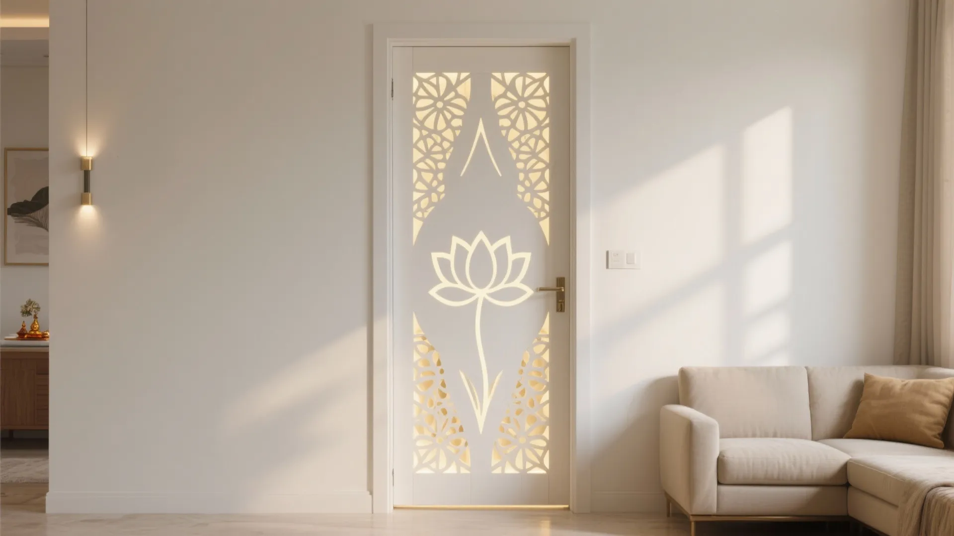 Modern white room featuring a patterned door with lotus design sofa and golden wall light