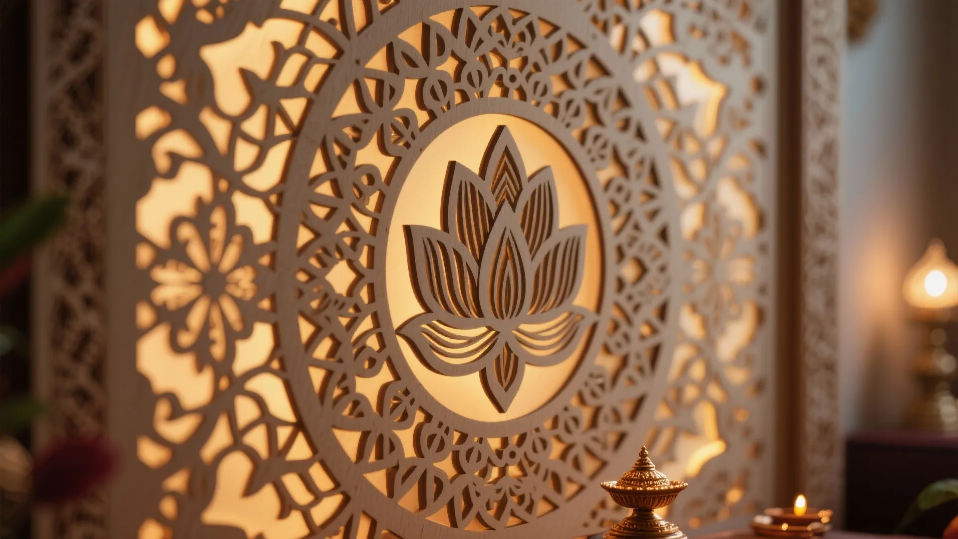 Intricate wood carved wall screen with lotus design and glowing warm backlight for a peaceful atmosphere