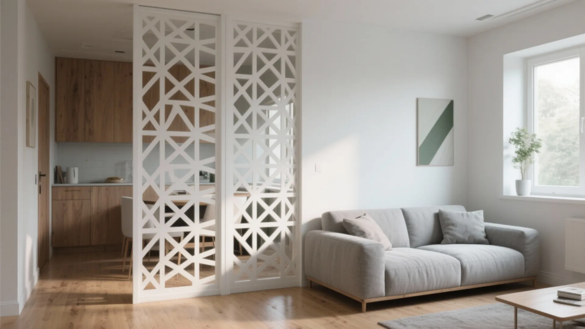Living room with grey sofa and white wall panel divider separating the wood kitchen area