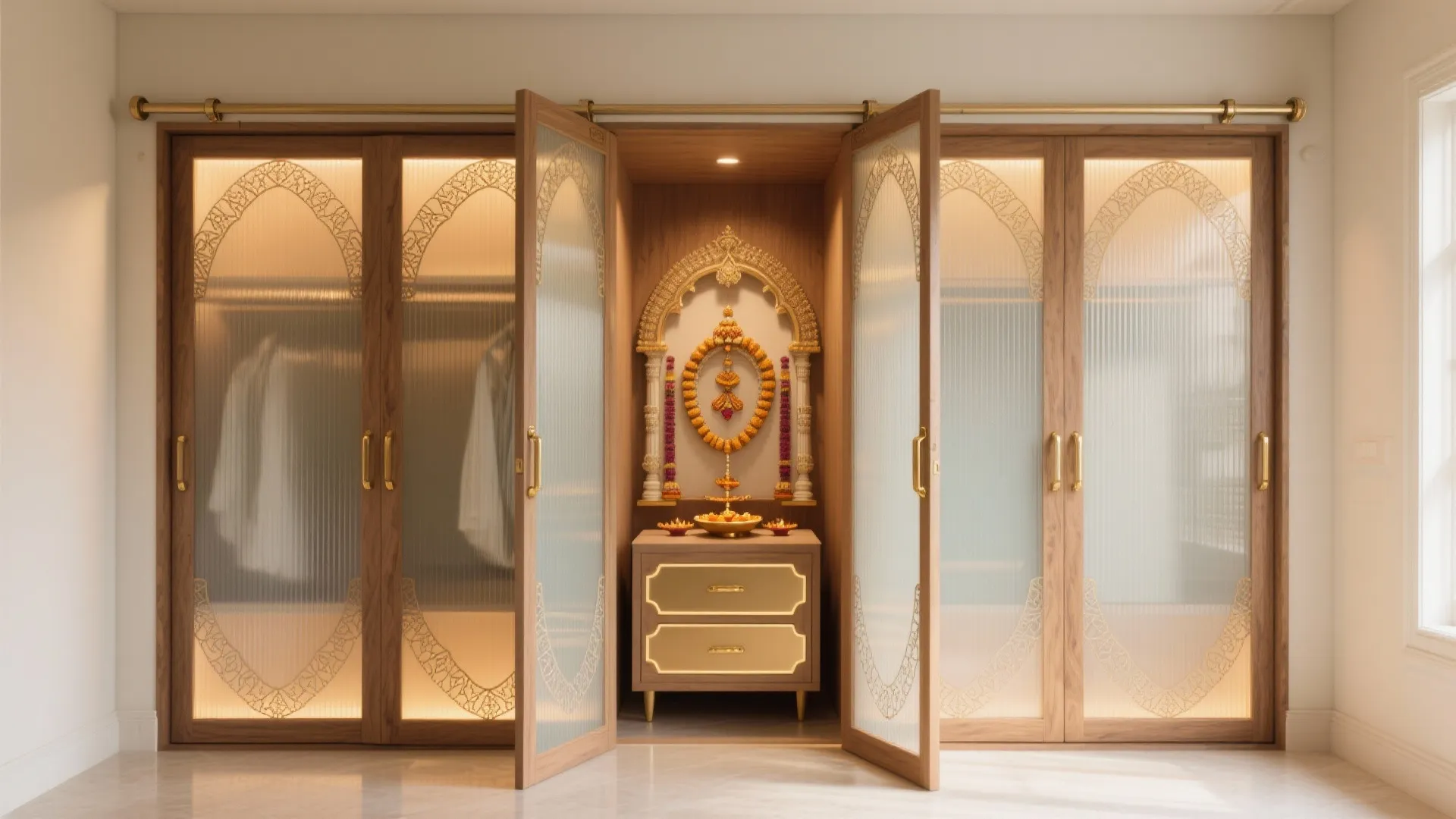 Wooden cabinet with glass doors opening to reveal a small gold shrine and white shirts inside