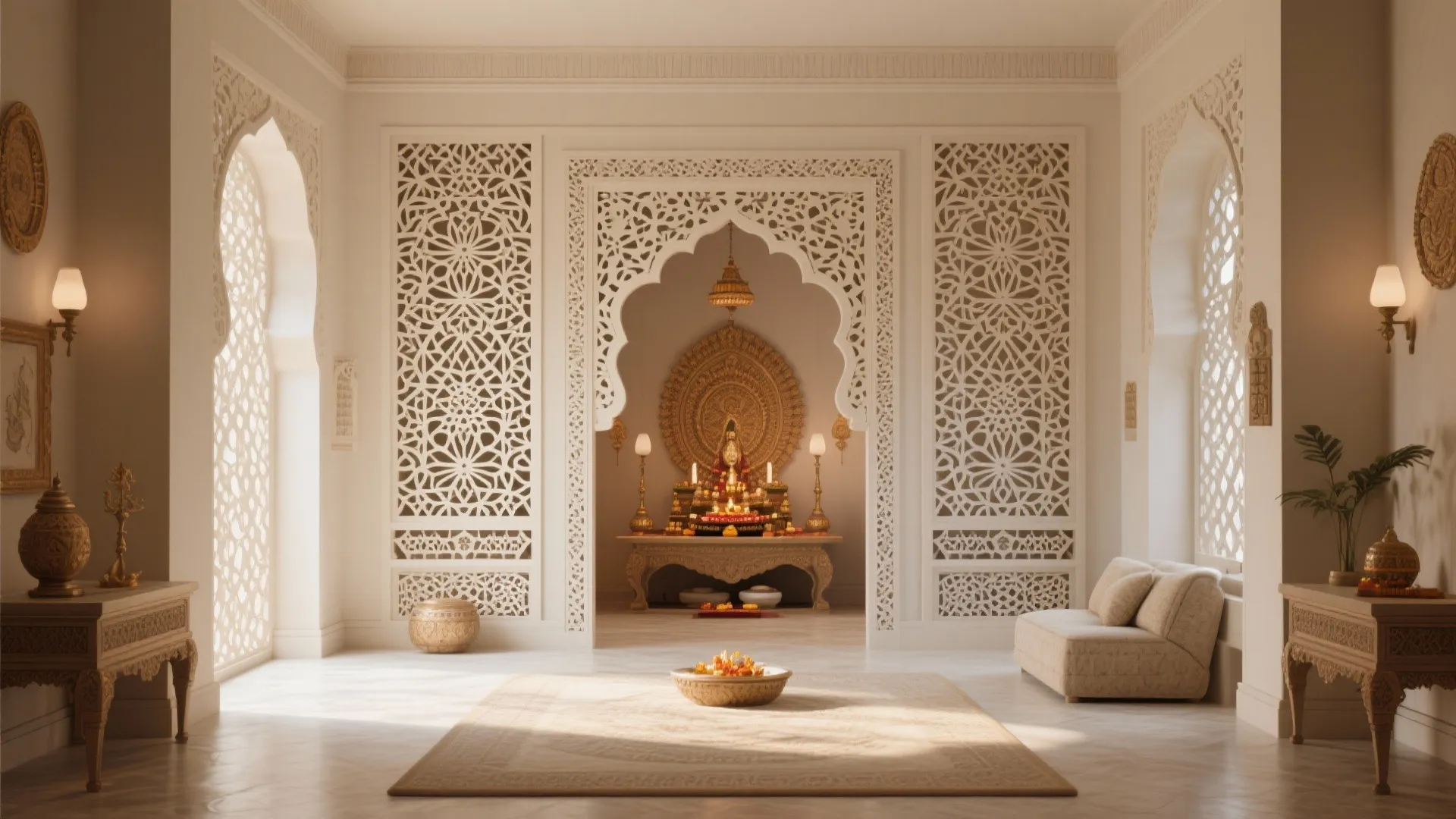 Elegant white interior with decorative wall panels small sofa area rug and central gold prayer altar