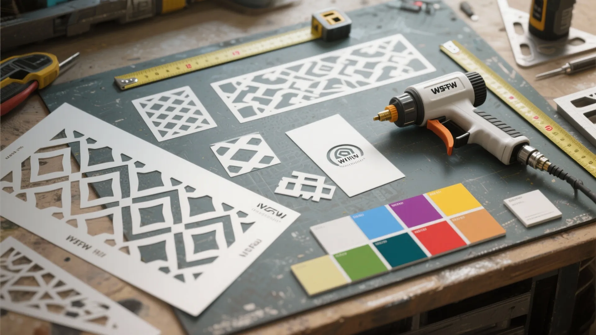 Top-down view of CNC-cut mylar stencils, sprayer, color swatches and measuring tools for repeat wall patterns.