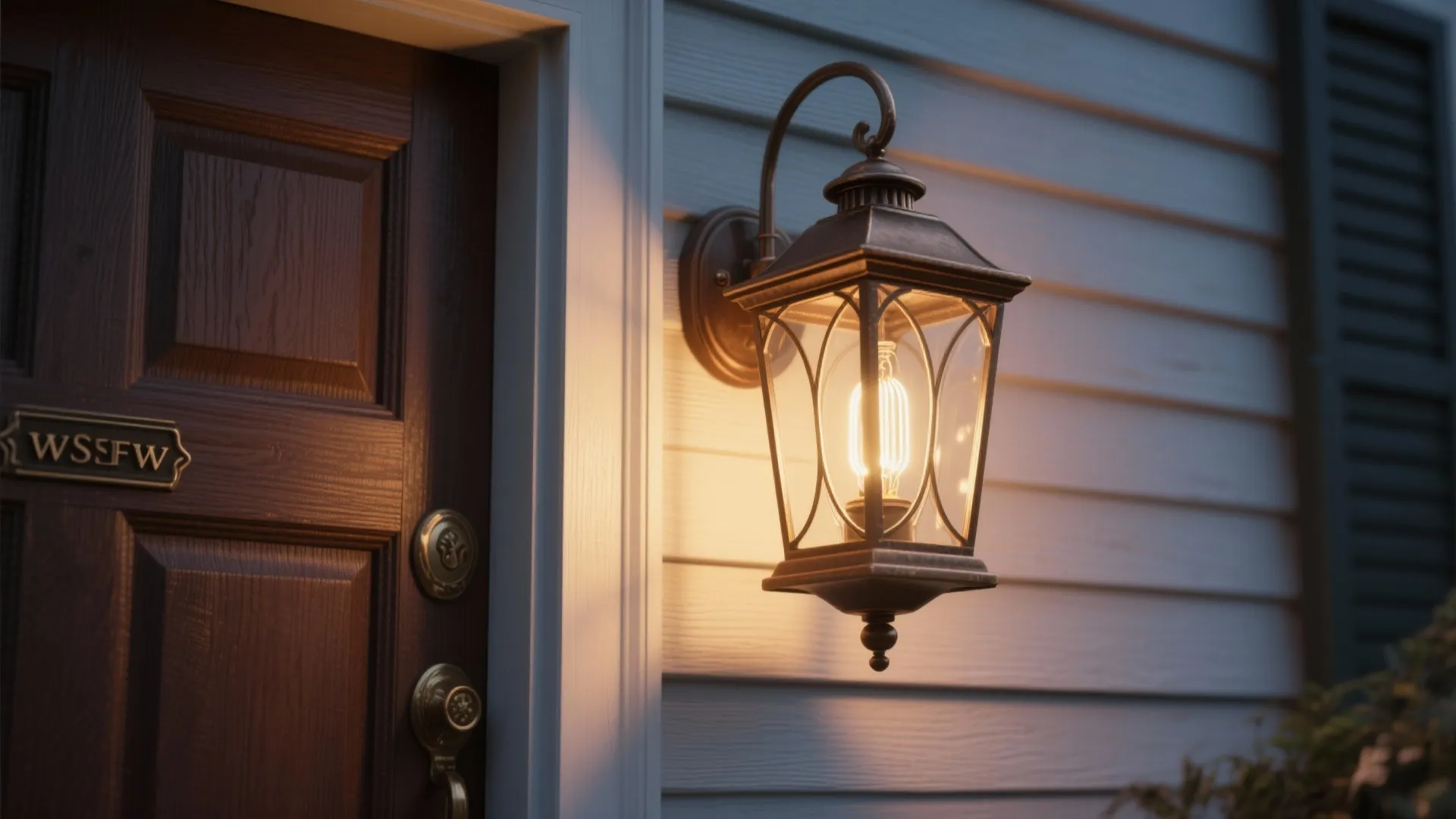 Classic black wall light with a warm bulb next to a brown wooden front door.