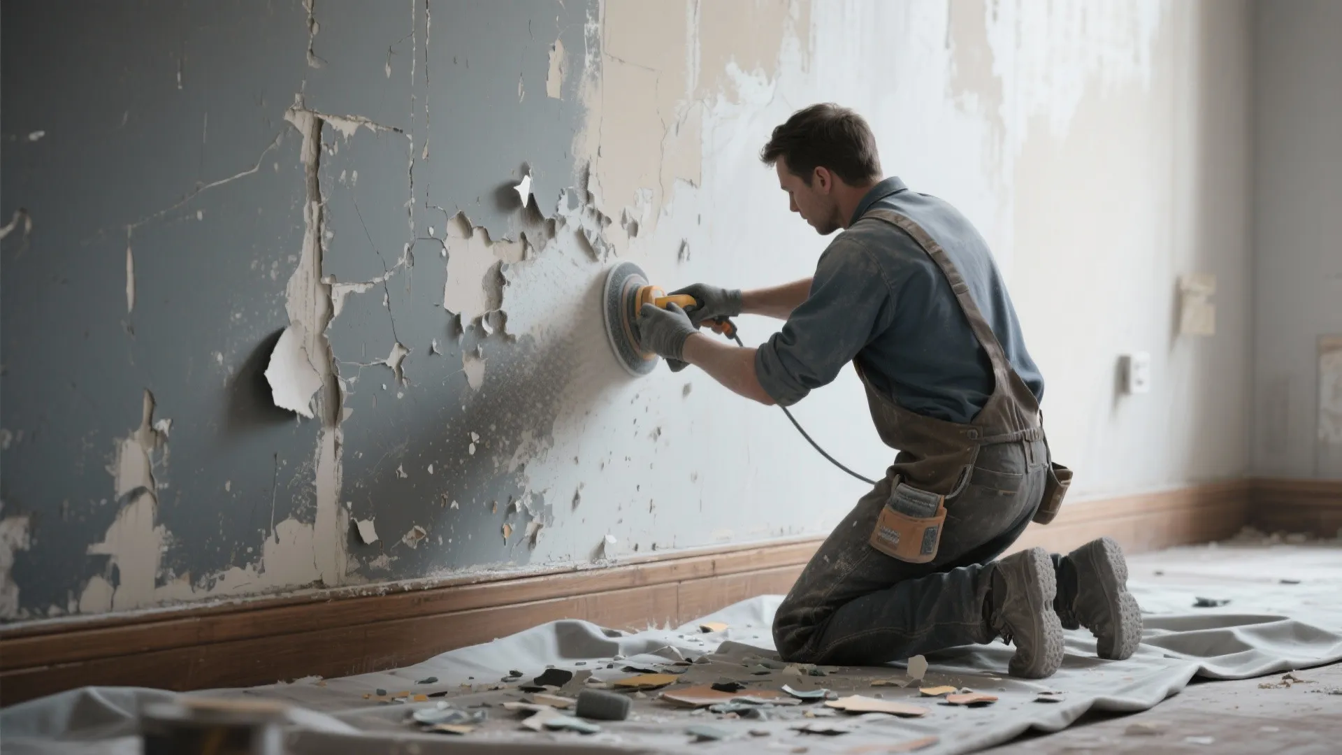 Man kneeling on floor using power tool to sand old peeling paint off a room wall