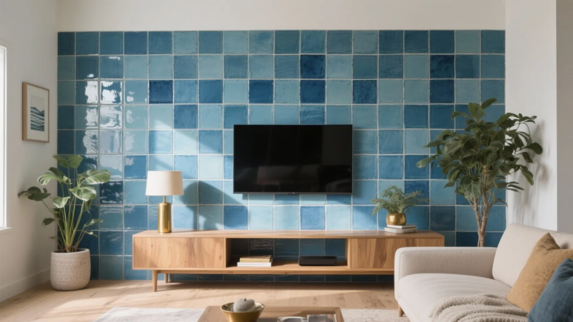 Modern living room featuring television on blue tile wall with wooden cabinet and green plants