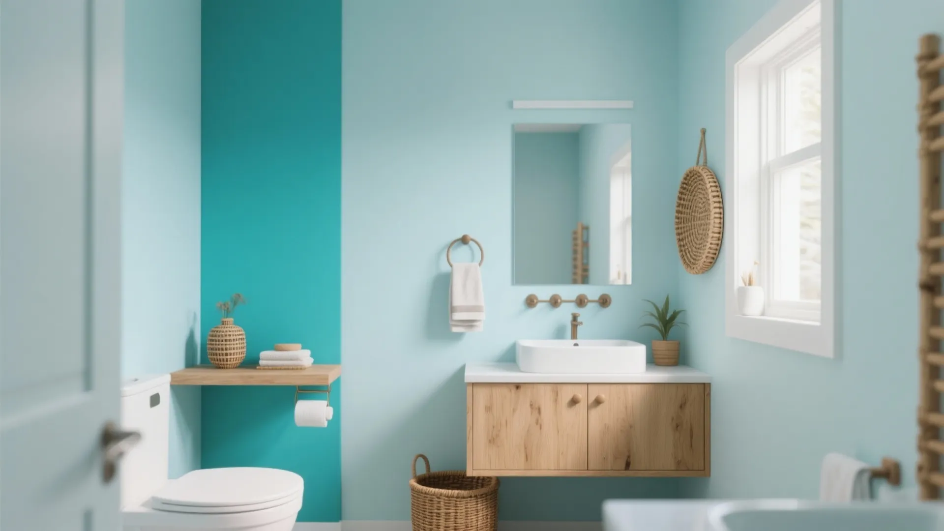 Modern bathroom with blue walls wooden cabinet white sink mirror and teal paint accent wall stripe