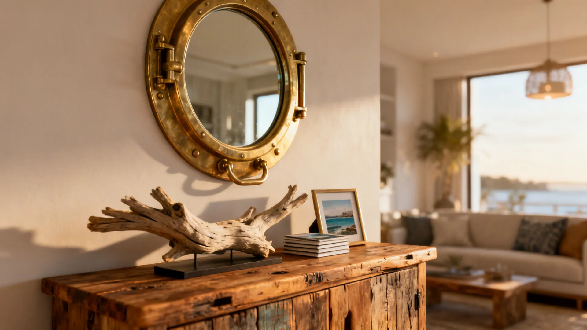 Refined nautical accents including a brass porthole mirror and driftwood sculpture in a living room vignette