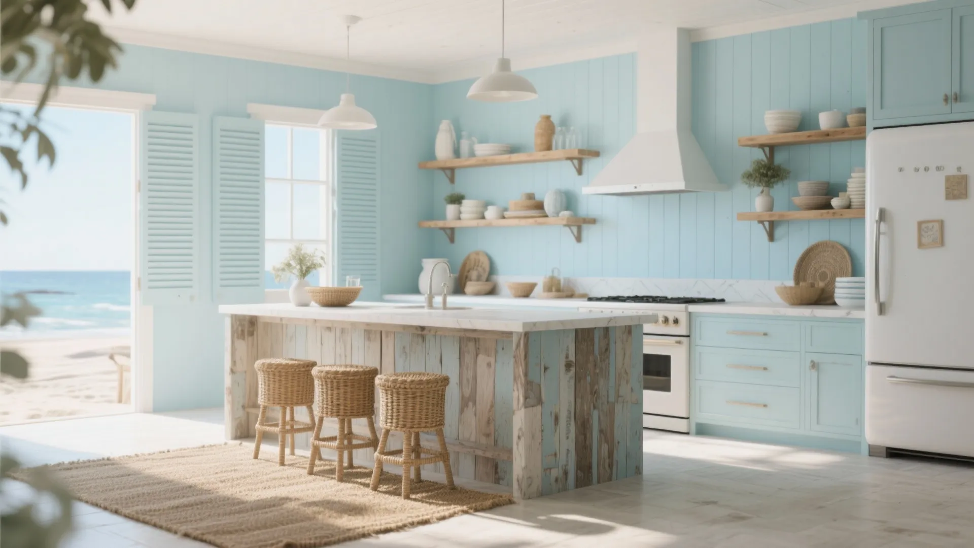 Coastal kitchen with light blue walls rustic wood island woven stools and a beach house view