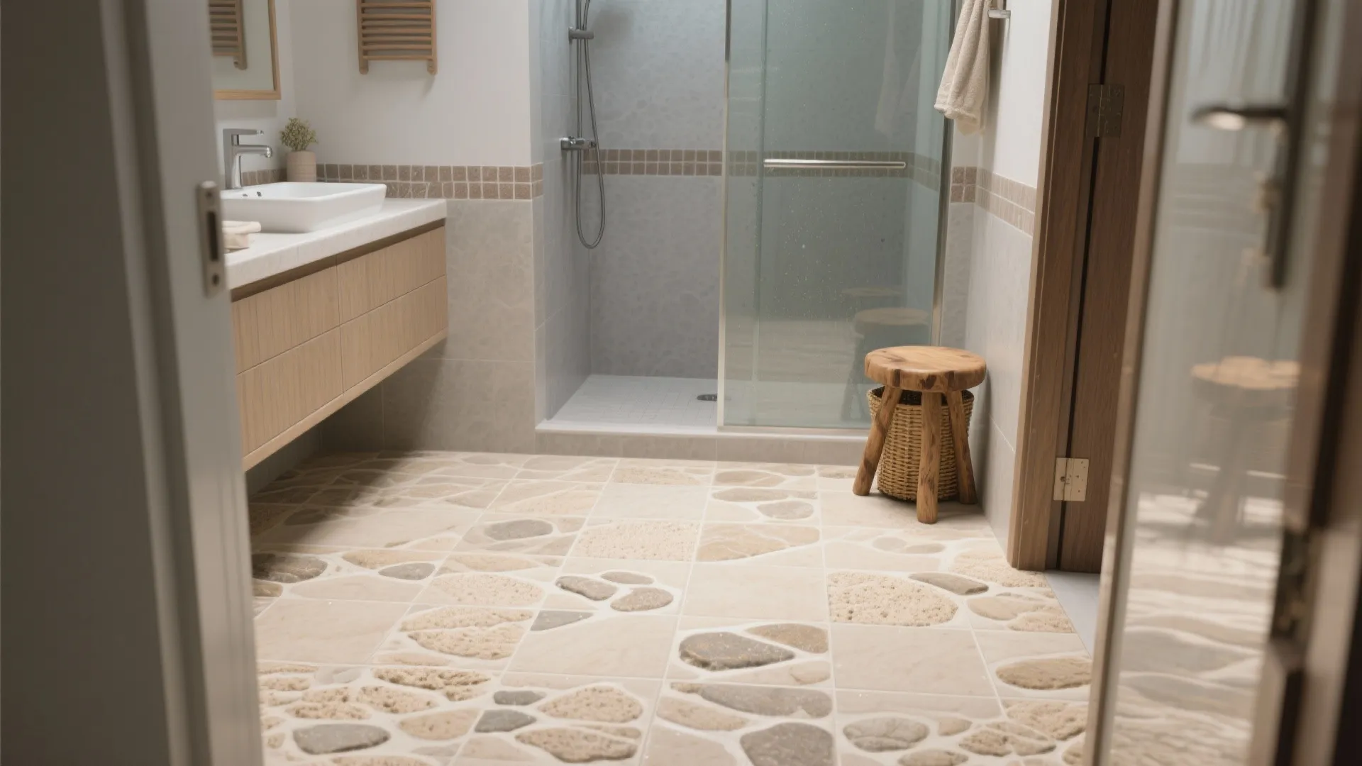 Textured sand-beige anti-slip porcelain bathroom floor with coastal neutral palette and teak accents.