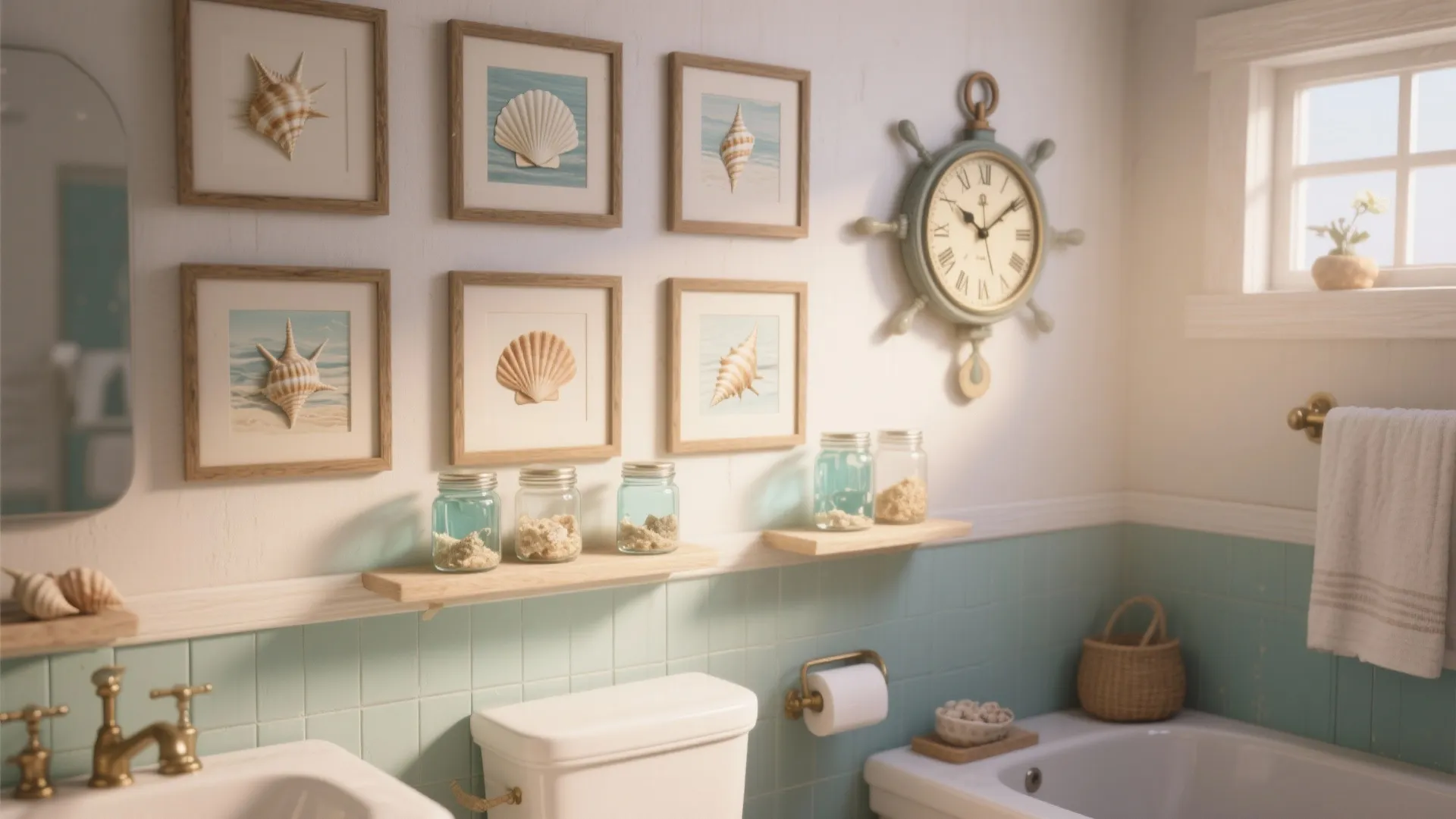 Coastal bathroom with seashell wall art steering wheel clock light blue tiles and white sink