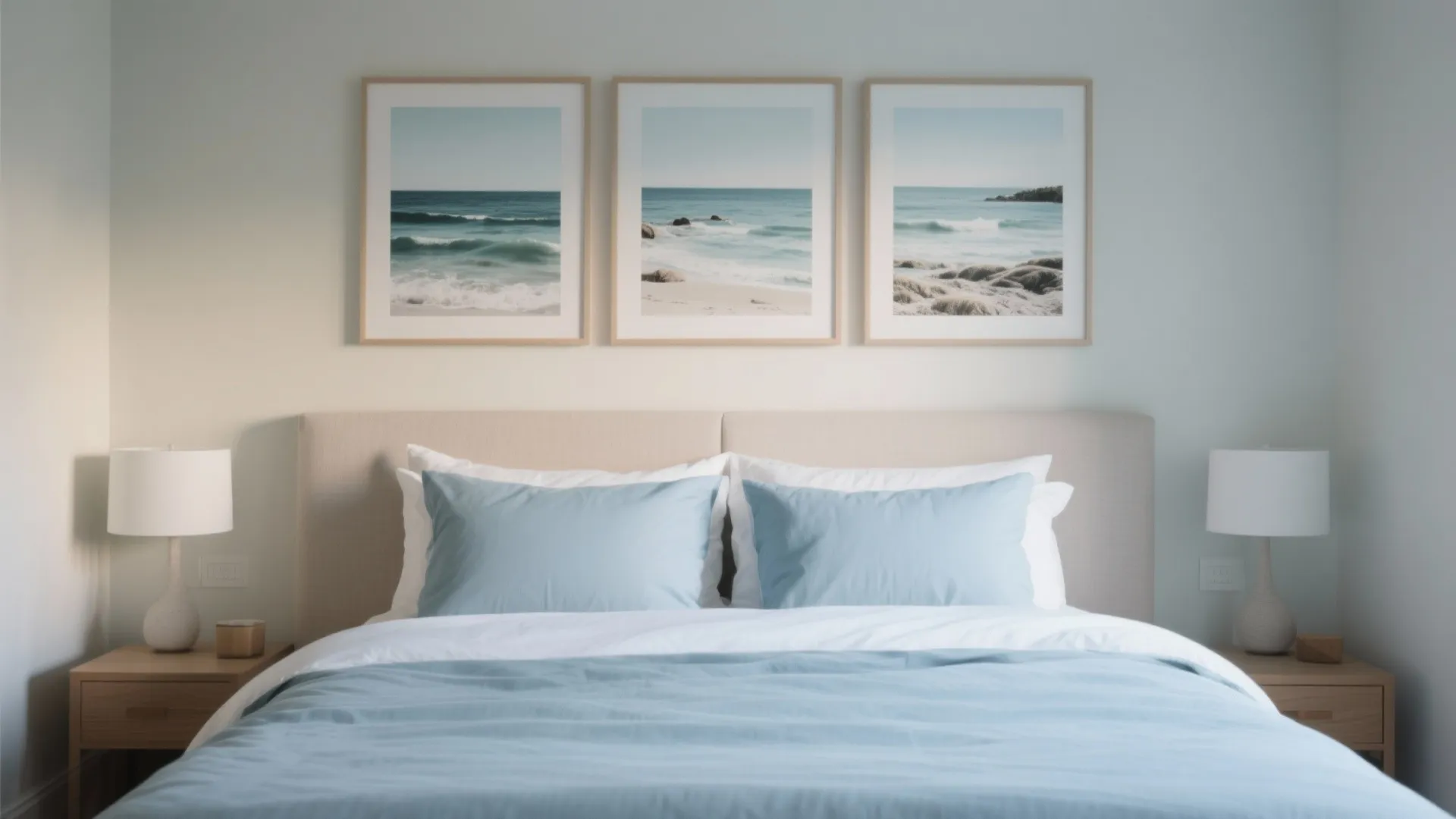 Modern bedroom with blue bedding and three beach paintings hanging above a light beige headboard