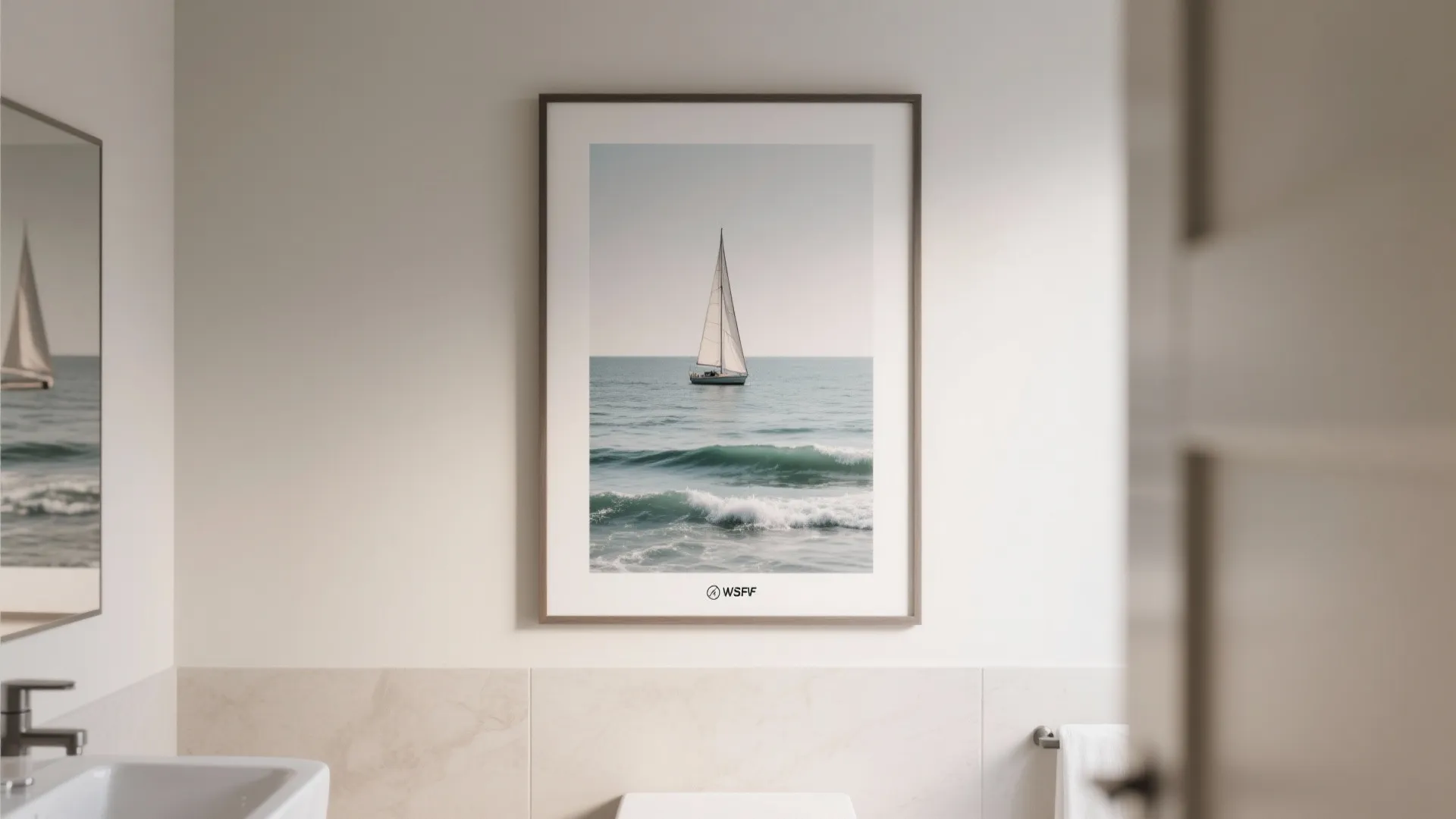 Bathroom wall decorated with a framed wall art showing a sailboat on ocean blue waves