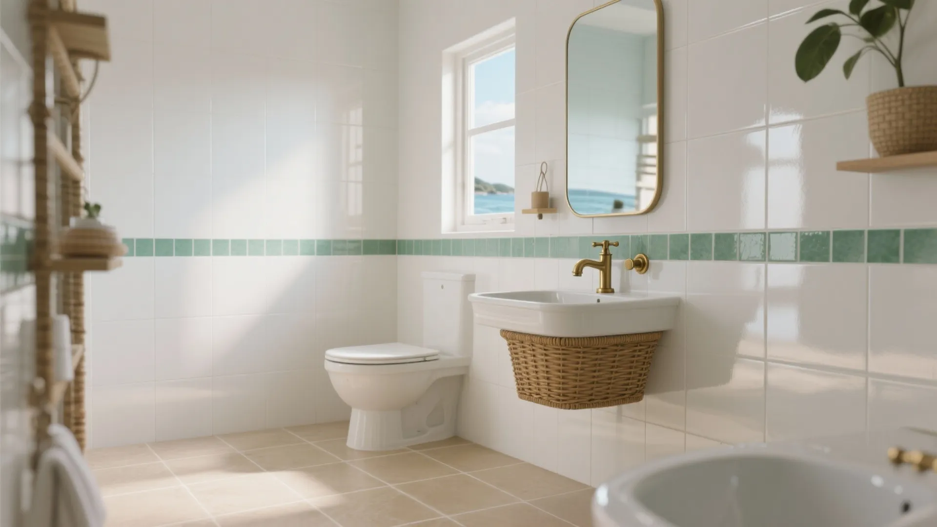 Bright bathroom with white toilet white sink gold faucet green tiles mirror and small window