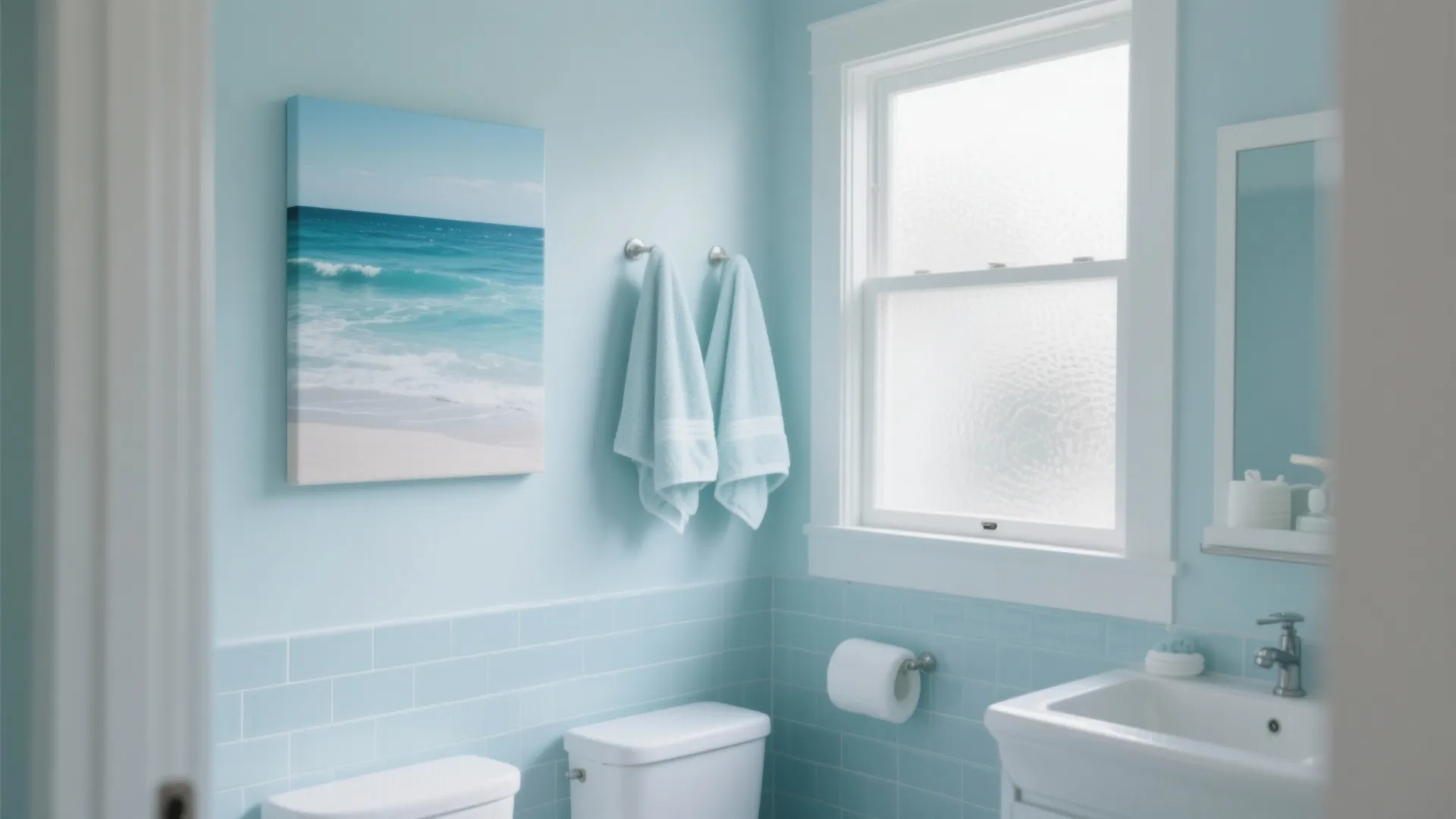 Blue tiled bathroom with a beach painting on the wall beside two hanging white towels