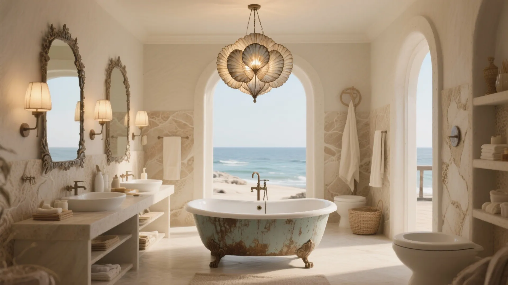 Luxury beach house bathroom with vintage bathtub shell ceiling light and wide view of ocean