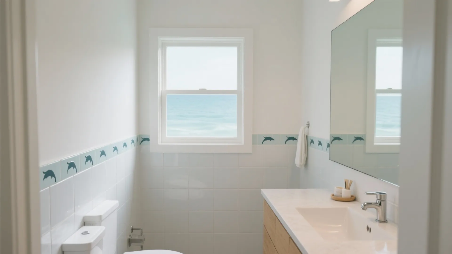 Bright coastal bathroom with white walls, dolphin tile border, wooden cabinet, and window overlooking sea