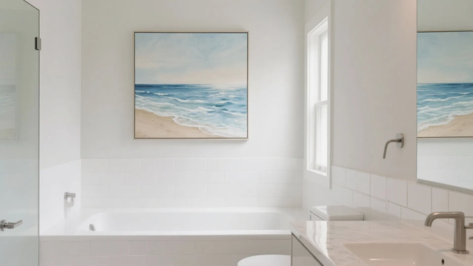 Seascape painting hanging above white bathtub in bright bathroom with window and marble counter sink