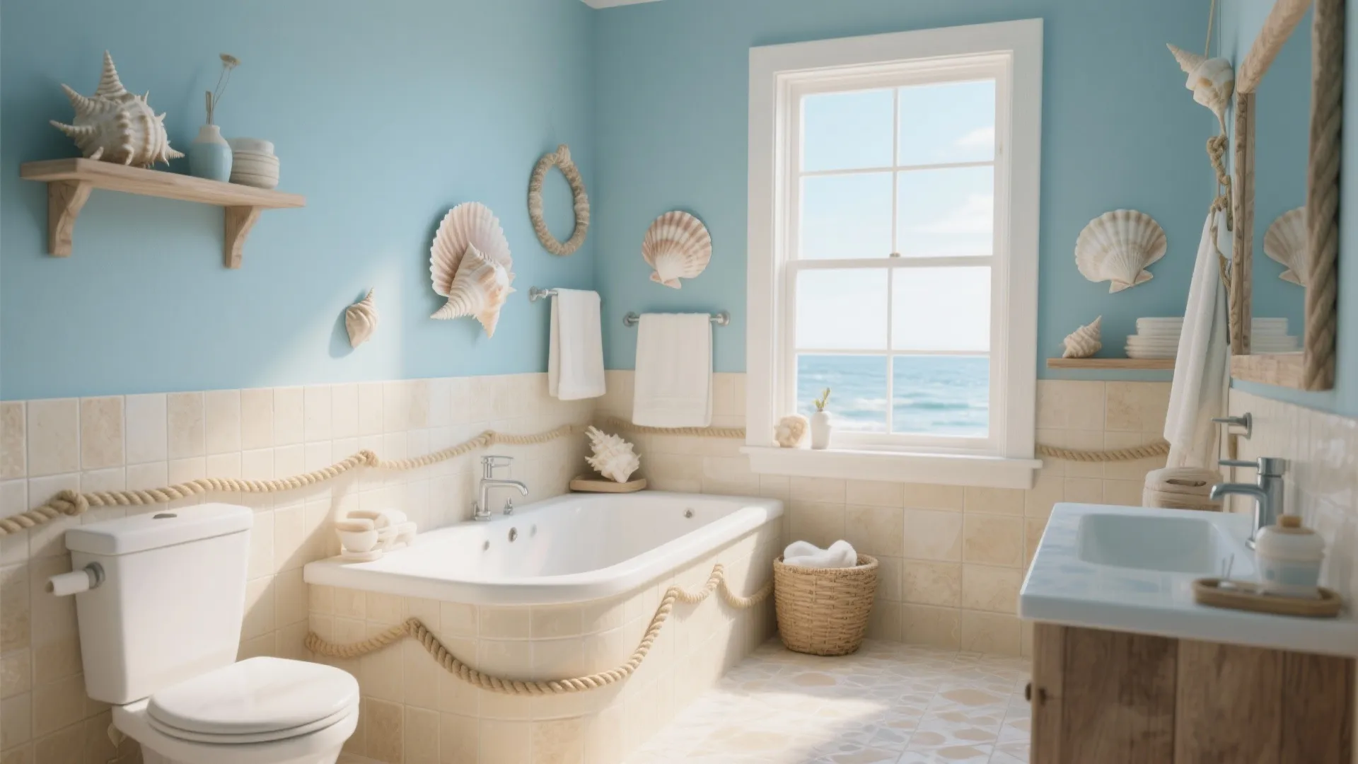 Coastal bathroom with blue walls shell decorations white bathtub toilet sink and a large window