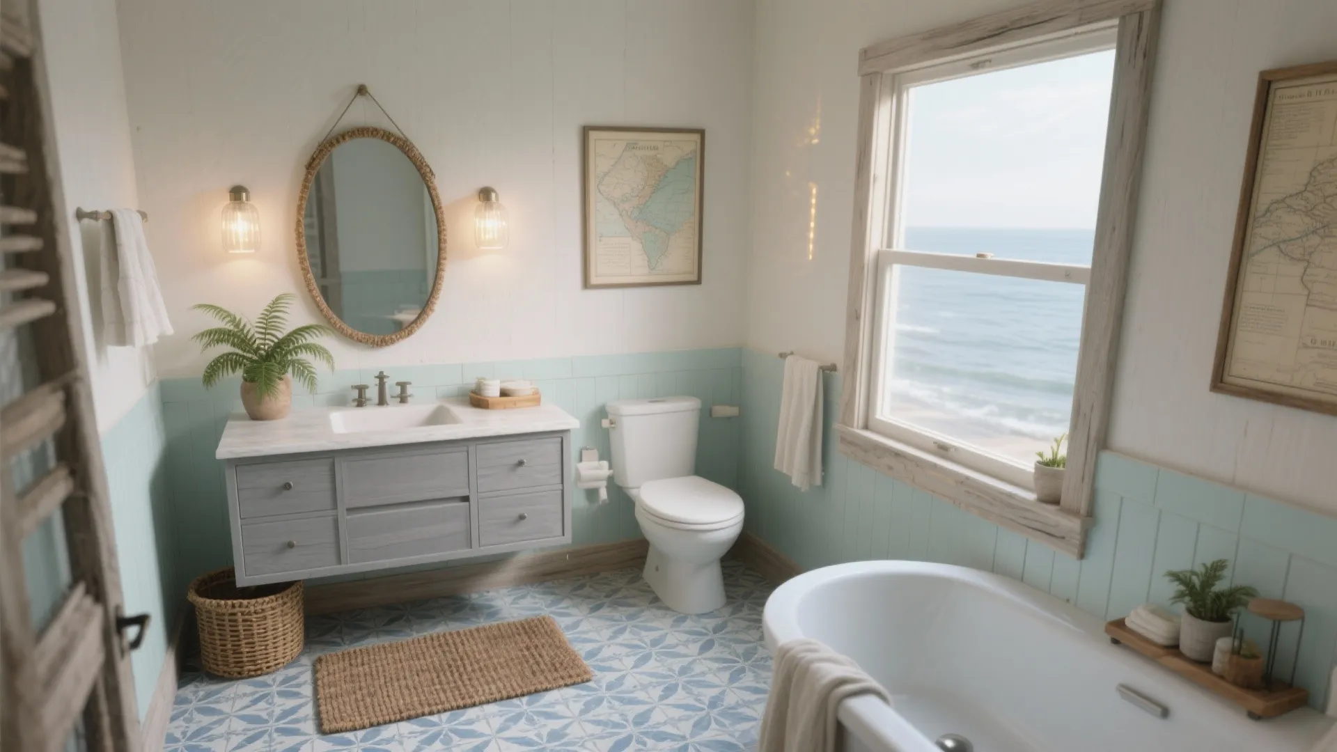 Coastal bathroom with light blue wall panel, grey cabinet, oval mirror, bathtub, and ocean view