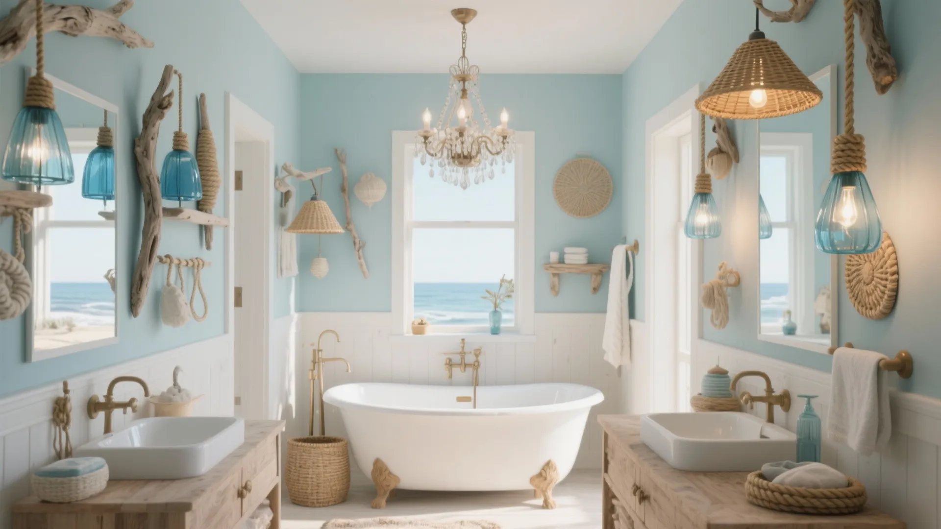 Coastal bathroom interior design with blue walls white bathtub ceiling light and ocean view windows