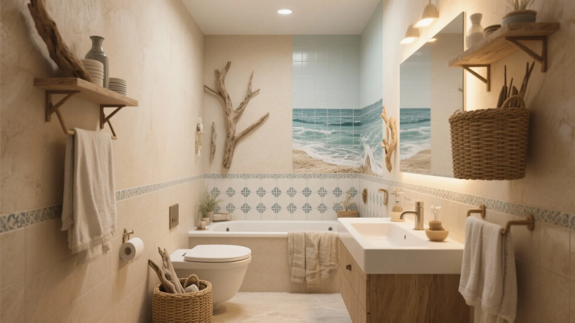 Coastal bathroom with ocean wave wall mural wooden vanity white sink toilet and natural wood decorations