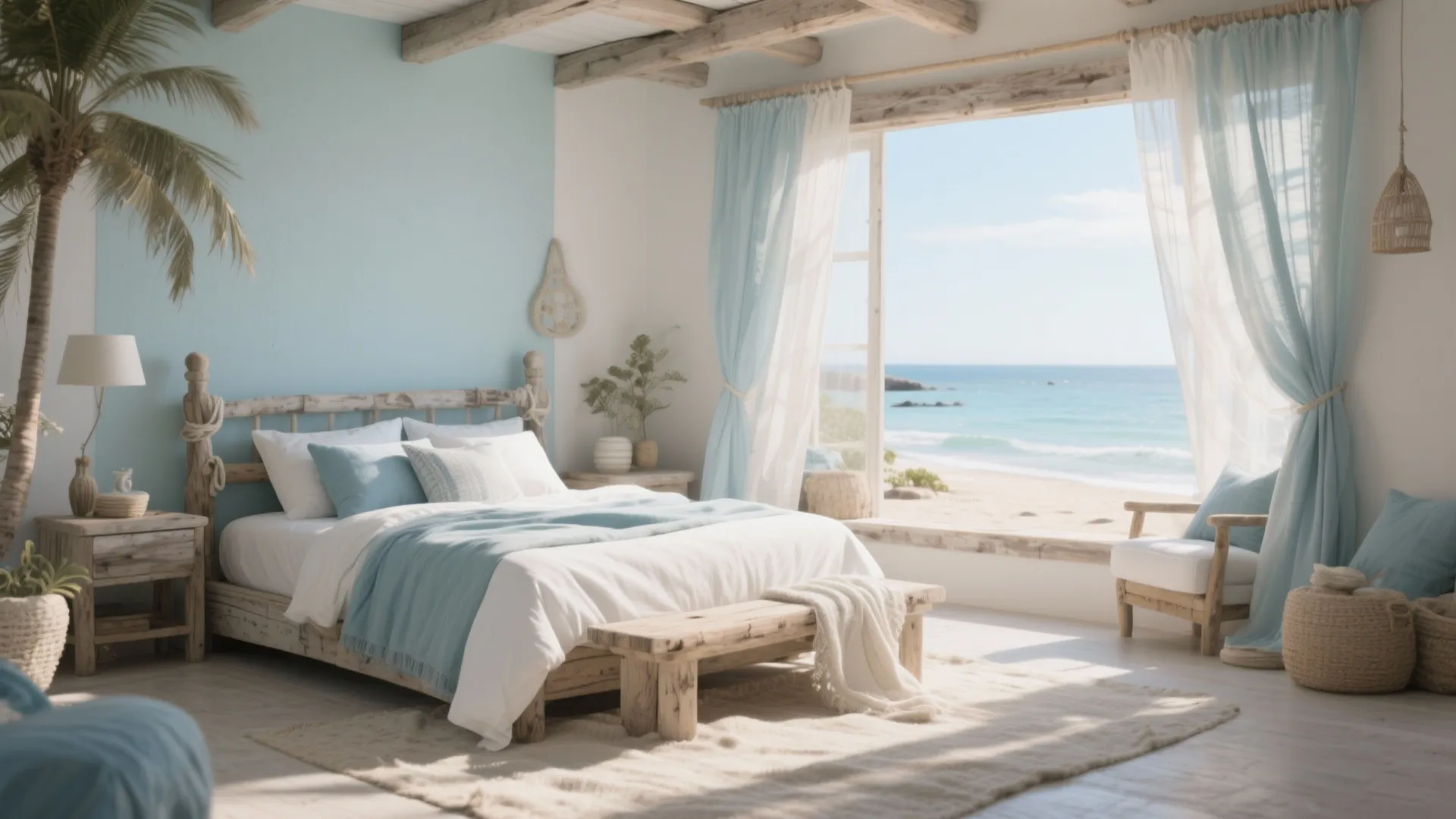 Coastal bedroom with light blue wall wooden bed white bedding beach view and natural bright light