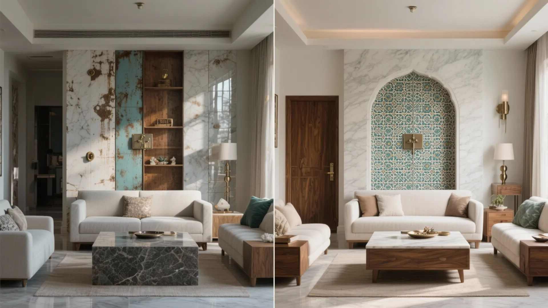 Before-and-after comparison of Chennai living finishes, showing corroded metals versus a timeless coastal-proof palette.