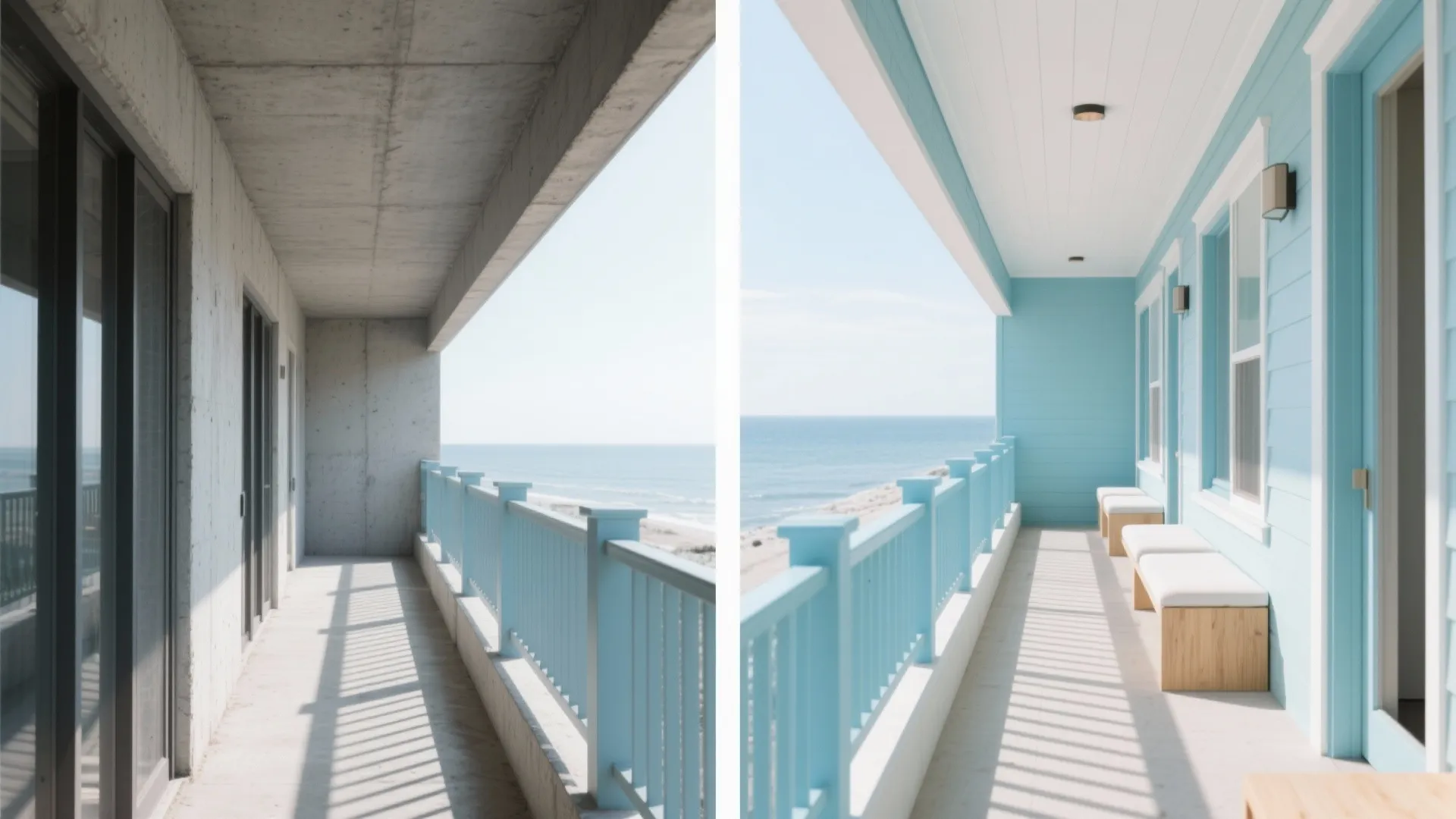 Before-and-after comparison showing a grey concrete balcony transformed into a bright blue coastal balcony design