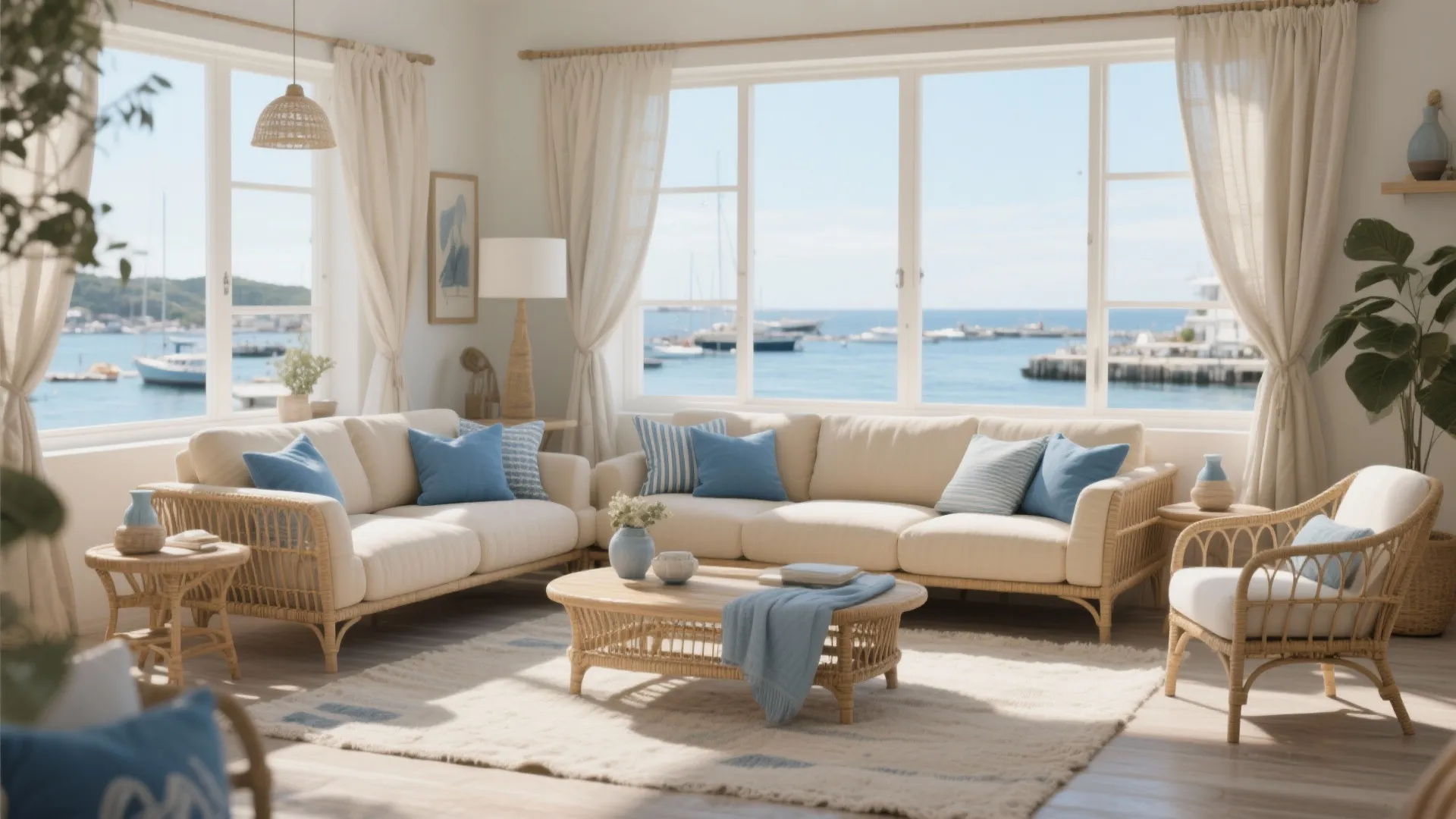 Coastal living room with beige sofas blue pillows wooden coffee table and beautiful ocean view windows
