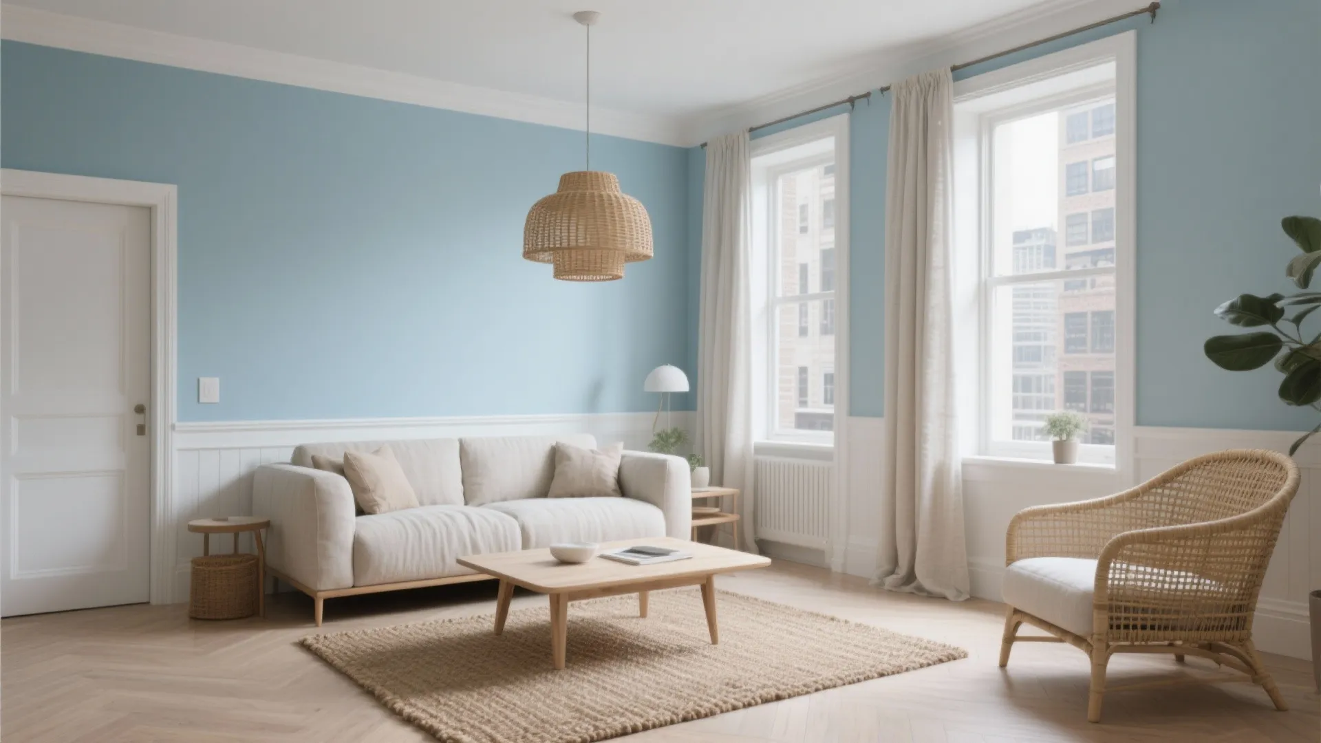 Coastal living room with blue walls white wall panels wood floor sofa and woven ceiling light